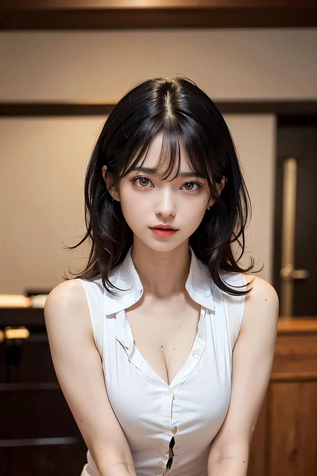 ((masterpiece , Best quality ,focus on the face)), 27 year old solo female , tieless shirt with low collar ,Short skirt, face looks straight into the camera, full face, Slim , lush breasts , (medium length jet black hair , (dirty hair:1.37) , Red eyes , dark circles under the eyes:1.3) , (jig eyes , expressive:1.7) , (smile: 0.9)