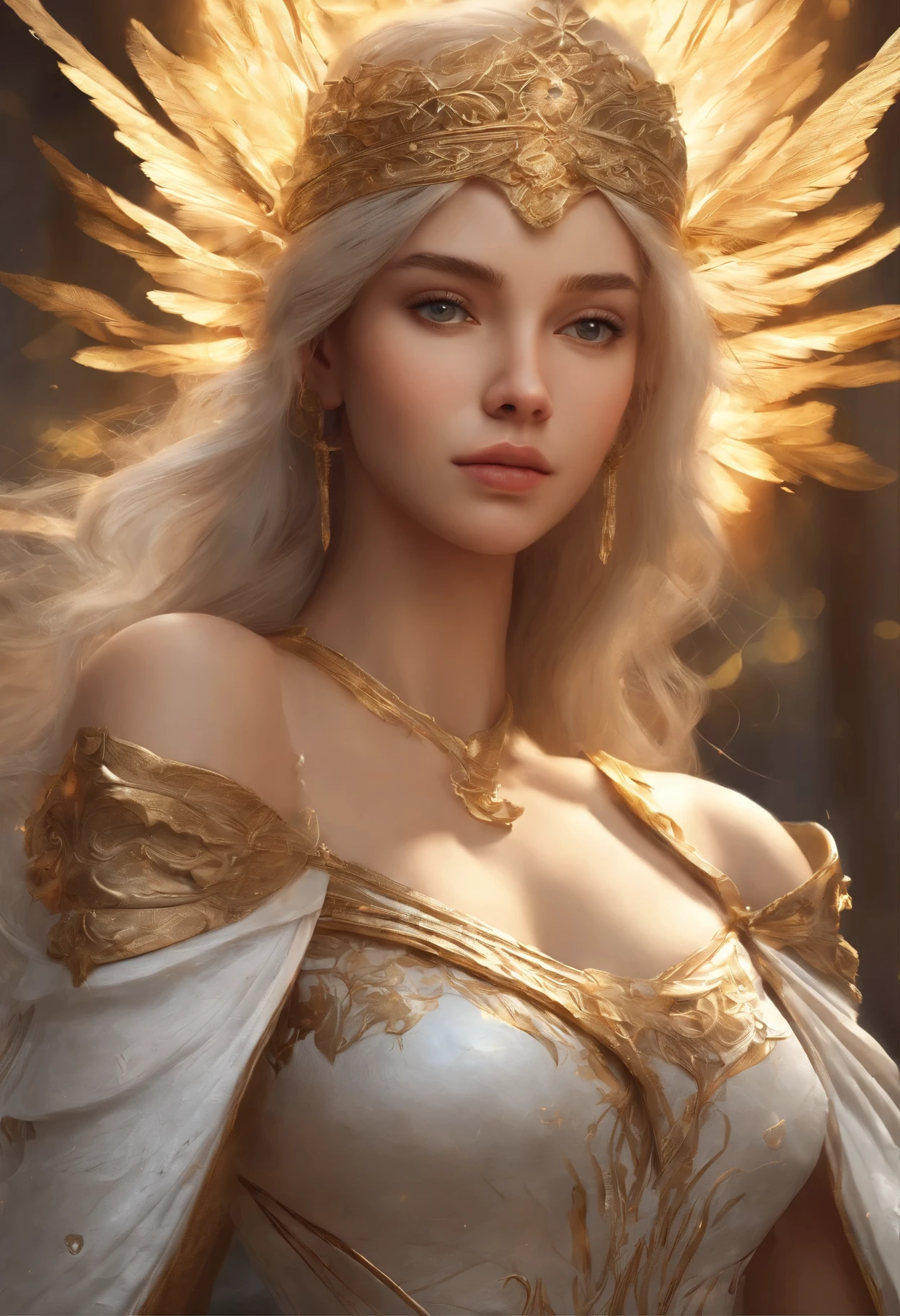 An eligant Angel with great big white wings, a golden halo around her head and an exscaliber sword, shallow depth of field, cinematic light, soft light (RAW, analogue, Nikon Z 14mm ultra-wide angle lens, award-winning photograph, ((best quality)), ((masterpiece)), ((realistic)), tessellation, ambient occlusion, ray-tracing, subsurface scattering, radiant light rays, high-res, detailed facial features, high detail, sharp focus, smooth, aesthetic, extremely detailed, (extremely detailed eyes, extremely detailed iris), octane render, photorealistic, realistic, post-processing, max detail, realistic shadows, roughness, natural skin texture, real life, ultra-realistic, photorealism, photography, 8k UHD, photography, hdr, intricate, highly detailed, sharp focus, stunning, 8k, intricate, highly detailed, majestic, digital photography, (masterpiece, sidelighting, finely detailed beautiful eyes: 1.2), HDR, wide angle camera, full portrait, full body, extremely detailed hair, extremely detailed skin, extremely detailed clothes, full body portrait, soft shadows