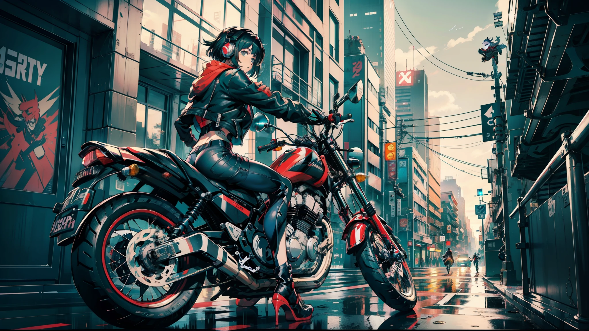 cyber punk、With a girl、Mechanic、comical、Anime Style、White and black hair、bike、Rider Jacket、Punk Coloring、City、ナイトCity、group、Street Fighter、Gladiator