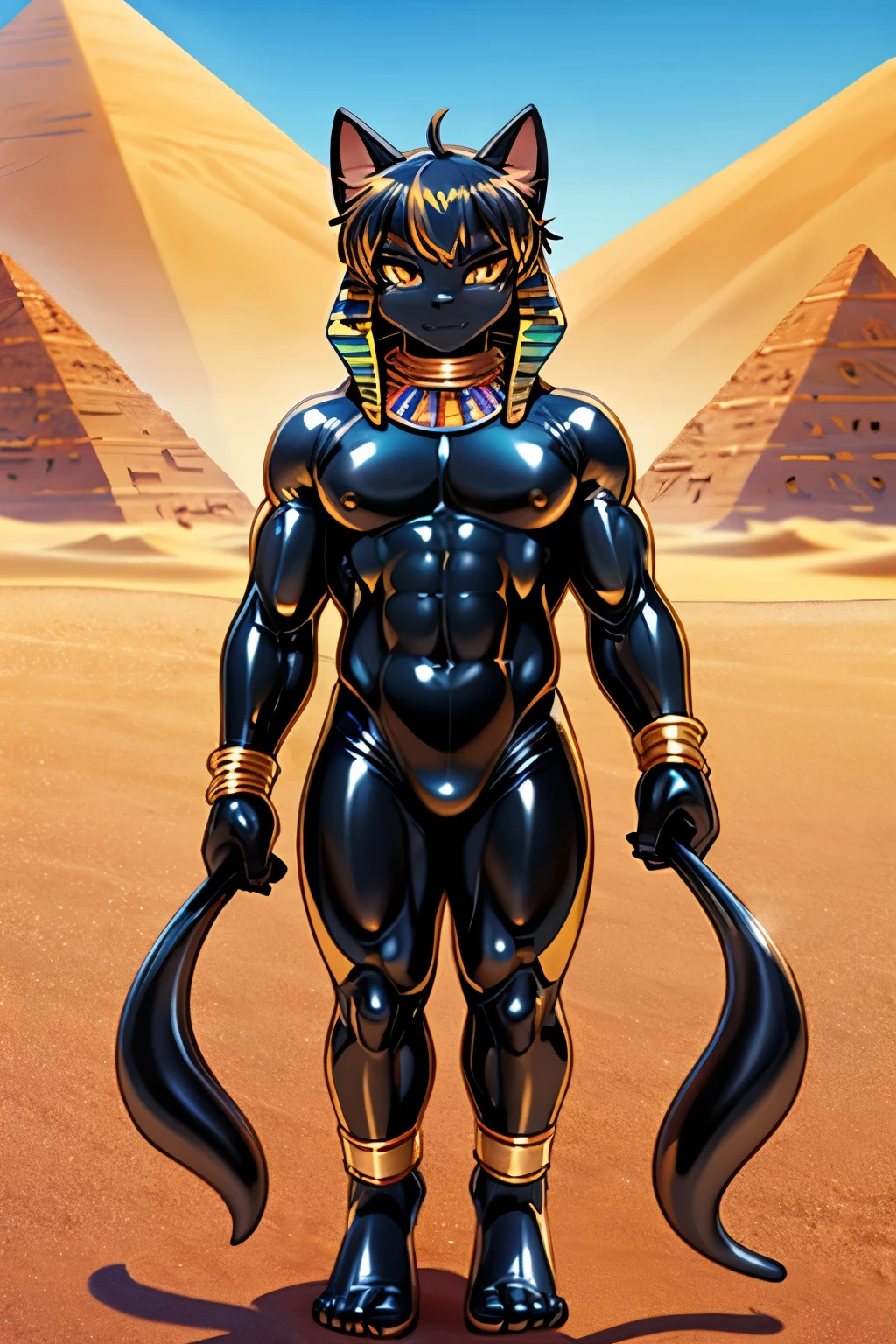 Egyptian rubber cat, golem, Bastet like creature, male, femboy, rubber skin, muscular, shiny, smooth skin, golden nipples, nullo, barefoot, red sand, desert, black body, hair, in anime style