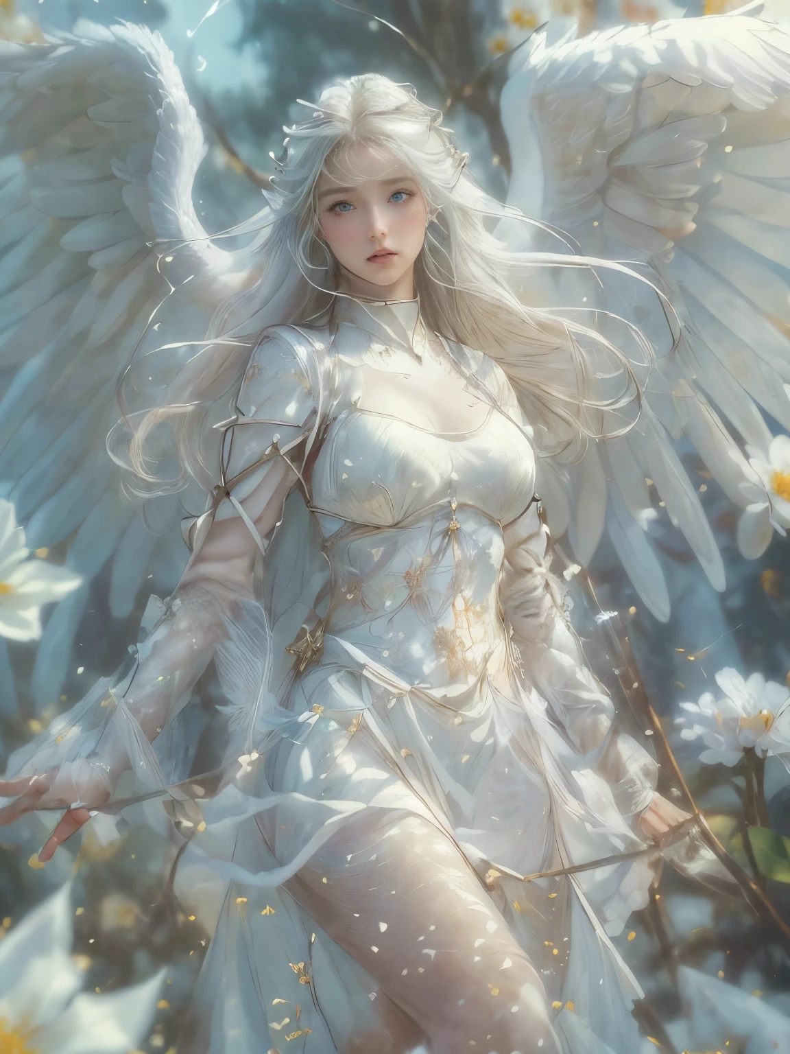 ((((masterpiece, Best Quality, High resolution)))), extremely detailed 8K, {(1 girl:1.6), sexy Beautiful 17 years old girl with slim body, holly Angel (knight:1.8):1.6}, (Ultra HD, Ultra-detailed, Highly detailed, Highly realistic, Ultra-realistic, photos realistic), {deep depth of field, (god ray:1.2), (bounced front lighting:1.1), (soft diffused lighting:1.6) }, (1girl:1.5), white long hair, (dynamic sexy poses), (very delicate and natural hair:1.3), facing at camera, light smile, (big firm bouncing breasts: 1.6), (very delicate and natural face, very delicate and natural eyes:1.3),(very delicate and natural clothes:1.2),(crystal blue eyes:1.2),(shinning halo:1.4), (Angel's wing on her back:1.8), {white roses, (heaven's garden:1.2), (flower storm:1.3)}