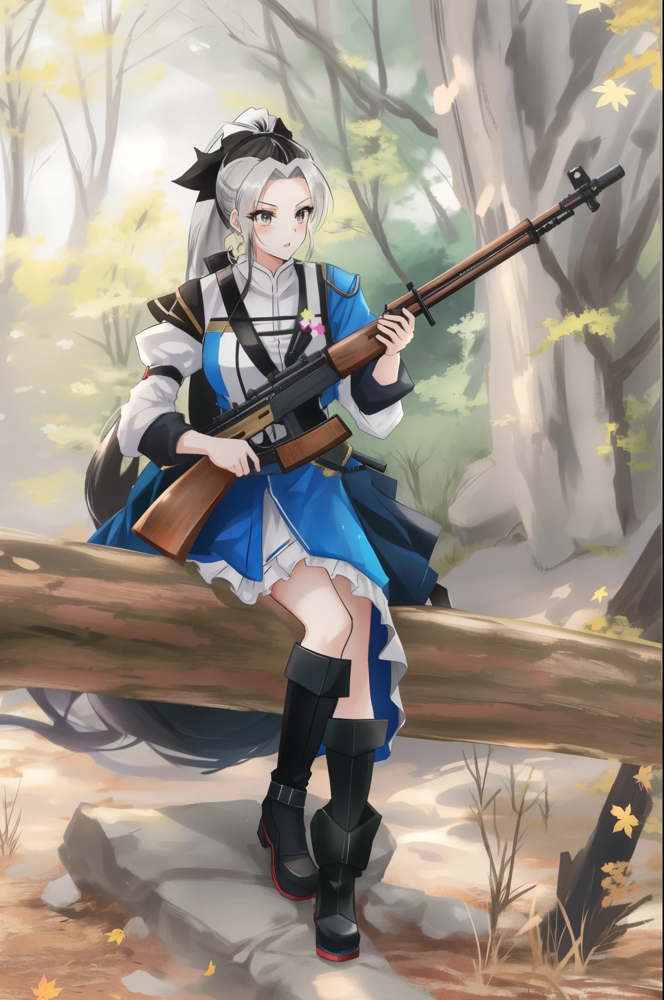 (ponytail forehead hair pulled back:1.3), arafed woman in uniform holding a rifle sitting on a log, marisa kirisame, anime girl cosplay, cosplay photo, anime cosplay, cosplayer, cosplay, kirisame marisa, ashe from overwatch, glamourous cosplay, maple story gun girl, professional cosplay, forest hunter lady, kirisame marisa from touhou, full-cosplay, ornate cosplay, ashe, publicity cosplay