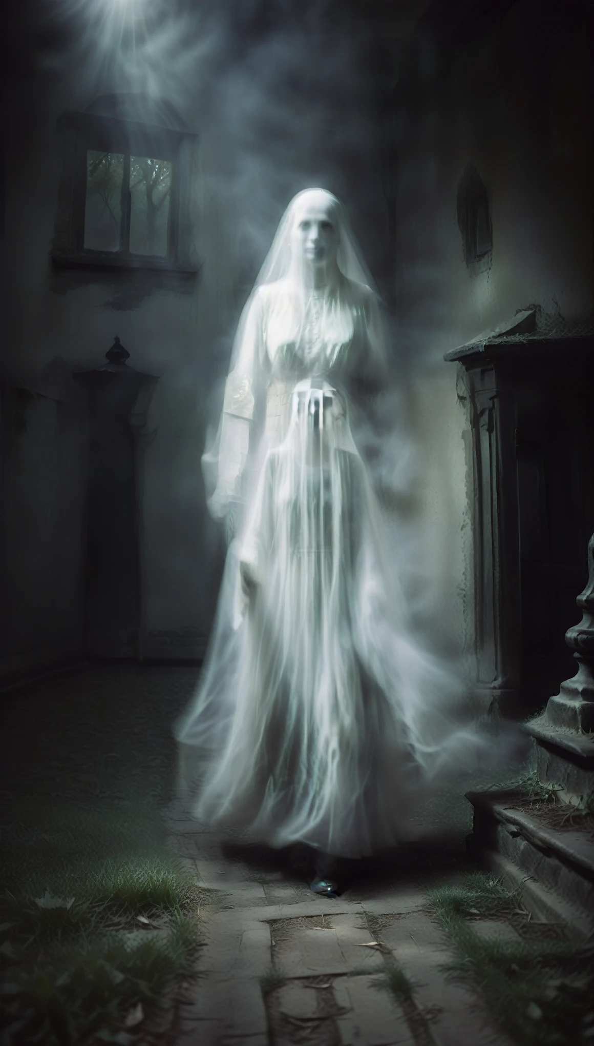 ghost, highly detailed candid photo of ghost walking in a graveyard:1.3, (((transparent))), ((veil)), ((looking at viewer)), portrait:1.5, masterpiece, best quality:1.1, graveyard:1.3, outdoors, god rays:1.3, night:1.3, pitch black:1.2, ultra photoreal, sharp focus:1.1, depth of field:1.1, 50mm, style of Nathan Wirth, Hasselblad X1D II, Porta 160,