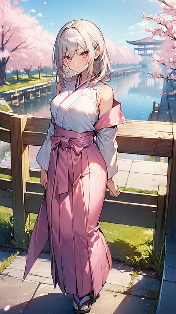 (Masterpiece, Top quality: 1.5) , (a long pike:1.3), dynamic pose, 1 beautiful girl, solo, silver hair, (pink hakama :1.3), Off the shoulder, medium hair, wave hair, (junior high school student:1.2), medium breasts, standard weight, (angry), Beautiful scene of cherry blossom trees, magnificent panorama view, SakuraFubuki:1.2