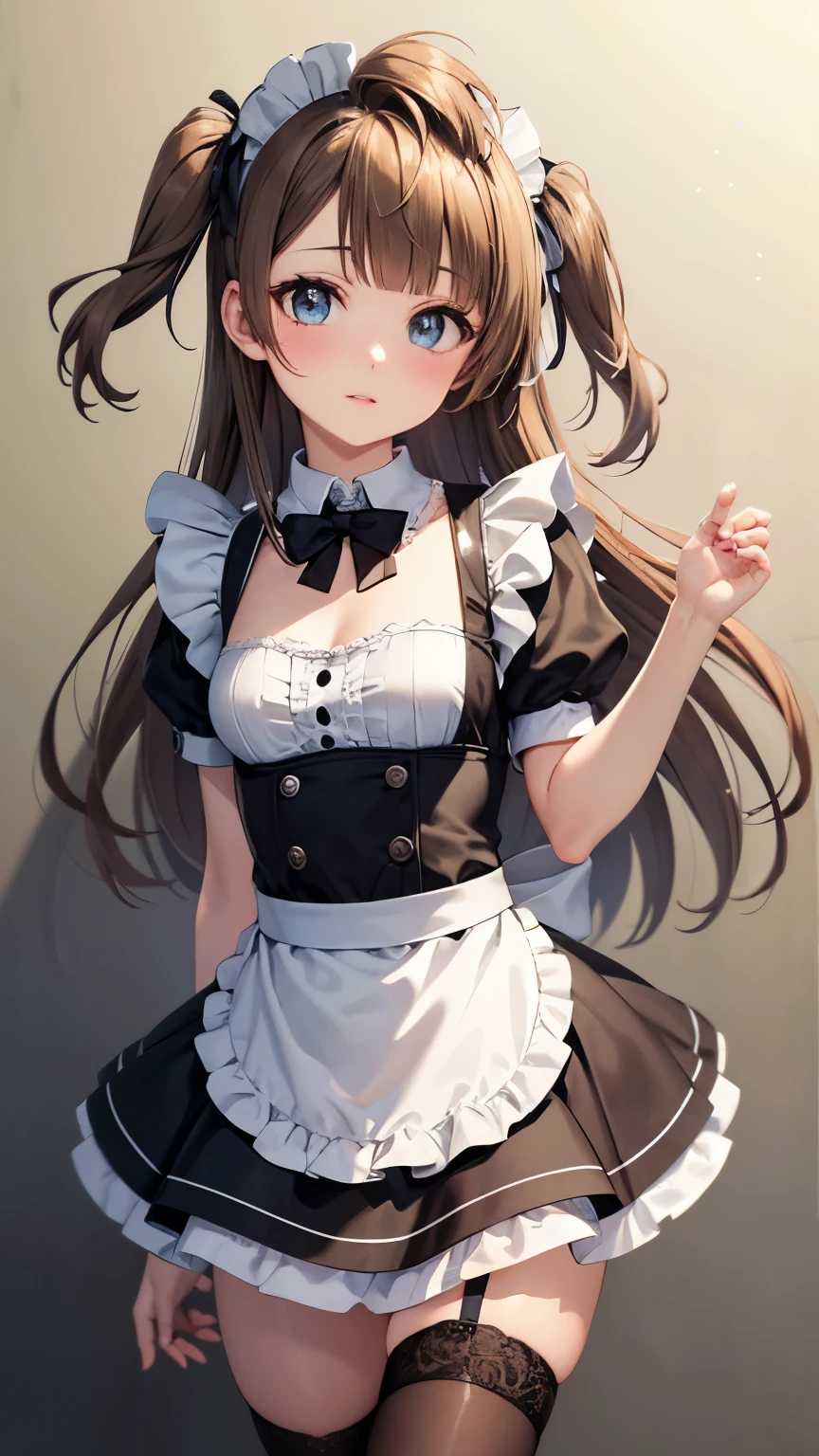 Minami Kotori, One side up, Hair Ribbon, masterpiece, top quality, high resolution, unity 8k wall paper, illustration, detailed eyes, extra detailed face, Highly detailed CG, glossy lips, light makeup, maid, short puffy sleeves, small maid apron, thigh highs