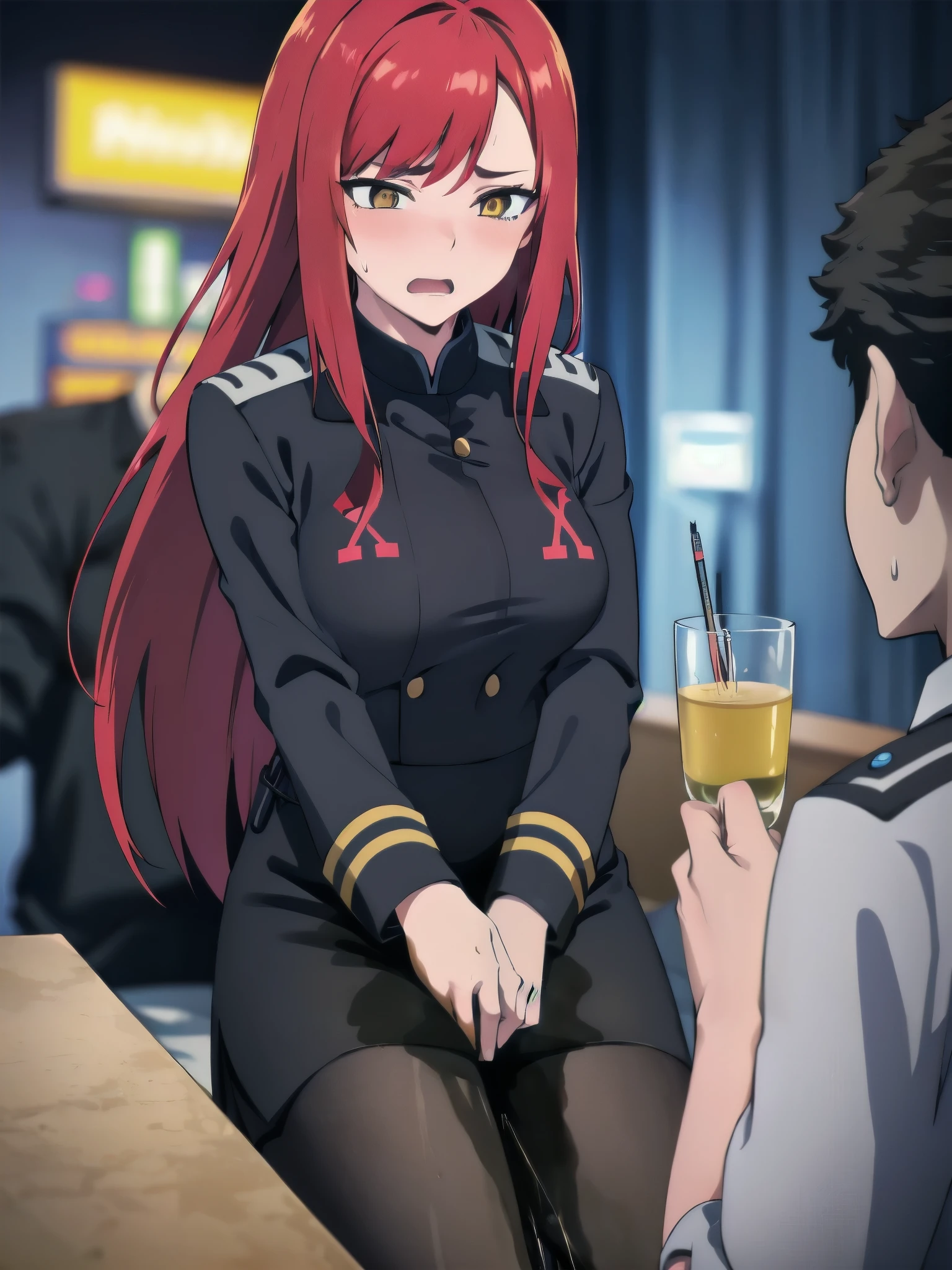 (masterpiece:1.37), woman, mature, extremely detailed eyes and face, long straight hair, (red hair:1.5), yellow eyes, constellation-print (black military uniform:1.25), (long pencil skirt:1.25), pantyhose, standing, large breasts, futuristic, science fiction, hologram armband, unicursal hexagram, best quality, 8k, highres, ultra-detailed, studio lighting, ultra-fine painting, sharp focus, physically-based rendering, extreme detail description, professional, vivid colors, bokeh, extreme attention to detail, tsurime, (crossing arms:1.5), (wetting herself:1.5)