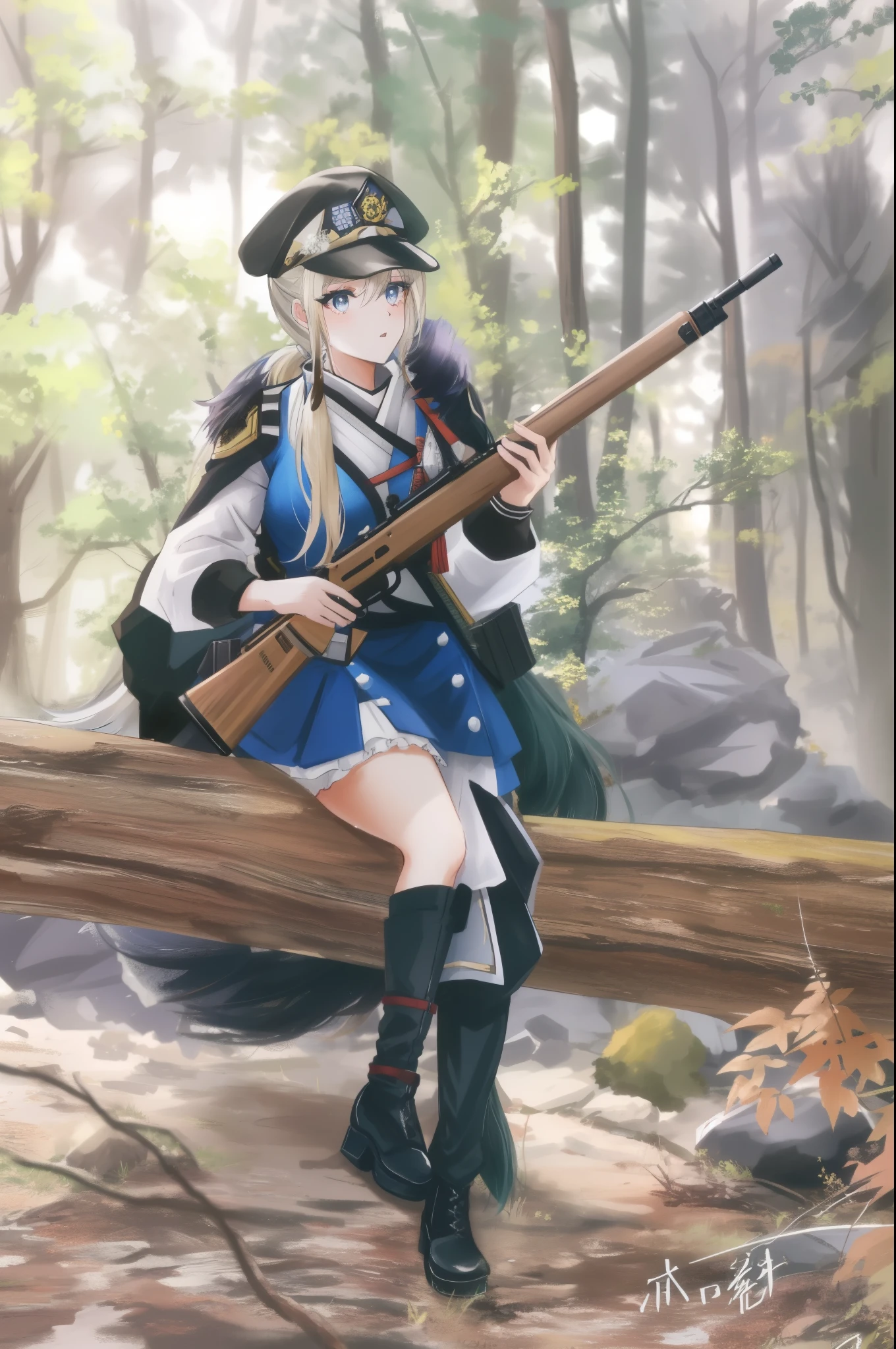 (ponytail forehead hair pulled back:1.3), arafed woman in uniform holding a rifle sitting on a log, marisa kirisame, anime girl cosplay, cosplay photo, anime cosplay, cosplayer, cosplay, kirisame marisa, ashe from overwatch, glamourous cosplay, maple story gun girl, professional cosplay, forest hunter lady, kirisame marisa from touhou, full-cosplay, ornate cosplay, ashe, publicity cosplay