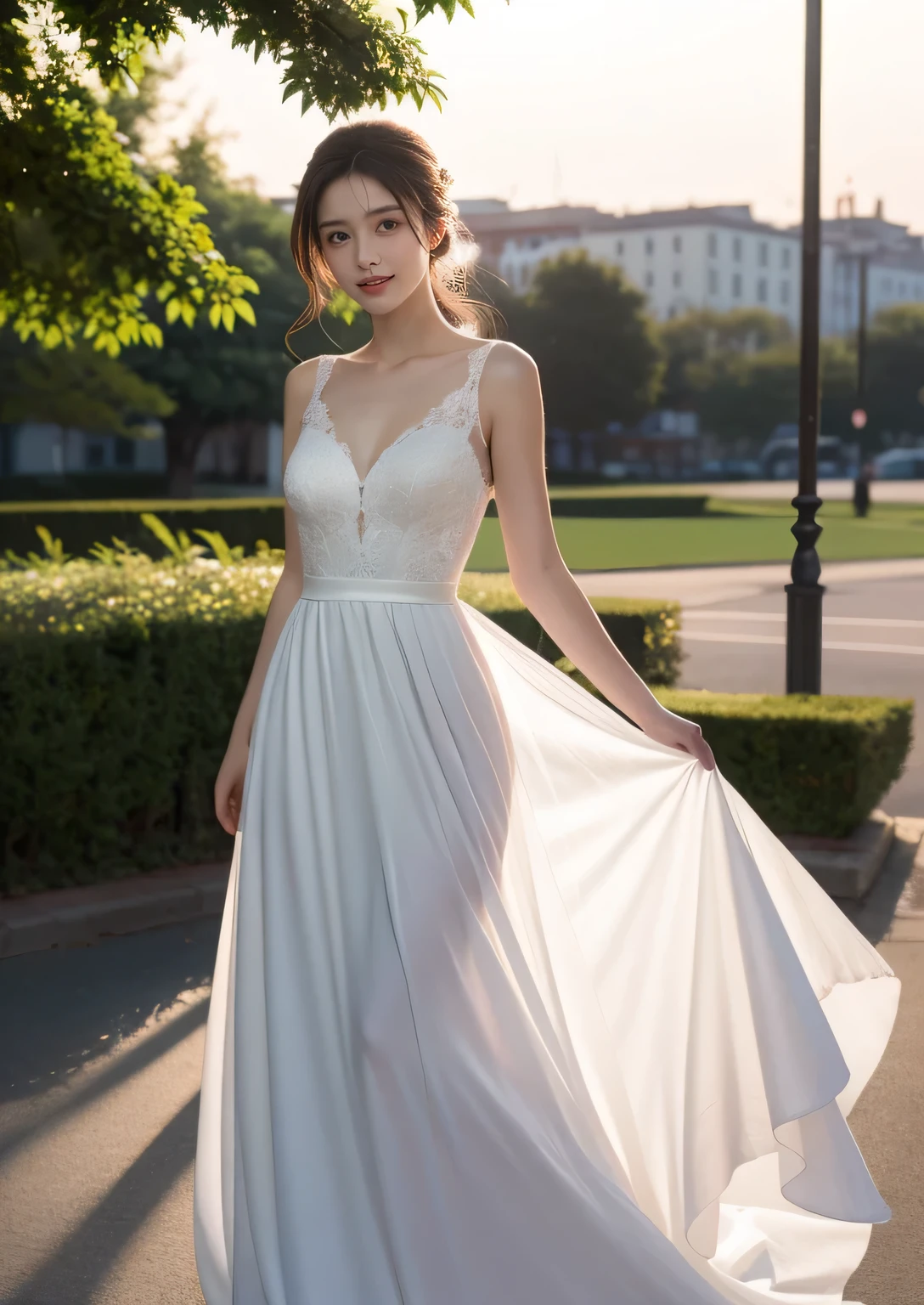 Beautiful 25 year old skinny woman。She is wearing a wedding dress. She is smiling on illuminated by the evening church lights on the romantic sunset time. her dark brown hair. High resolution、masterpiece、highest quality、頭w:1.0、((Hasselblad Photos))、fine skin、(movie lighting)、clavicle . full body picture.