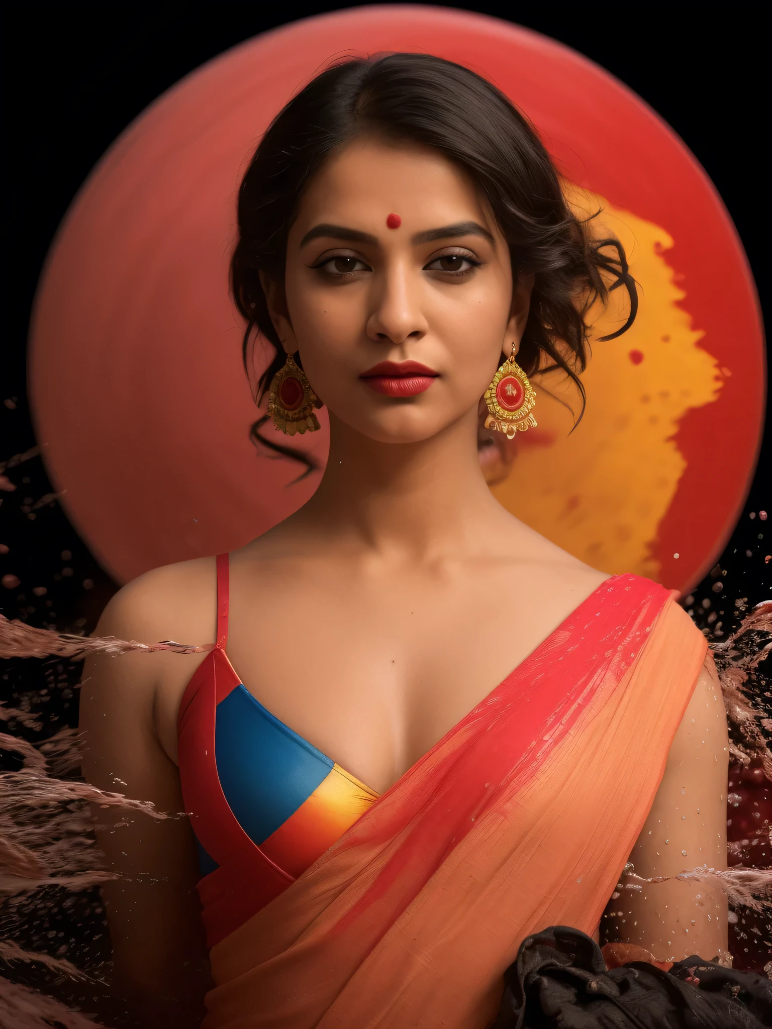 Day scene, close up photo of a indian from top view, (Masterpiece, Best Quality, High Resolution), evening Background, ((Paint Splash, Color Splash, Splash of Ink, Color Splash)), Sweet indian female actress, hour glass body shape,maroon lips, ((black blouse)), lightly makeup,ultra realistic, realistic, look at viewer (cinematic:1.3), intricate details, (ArtStation:1.2)