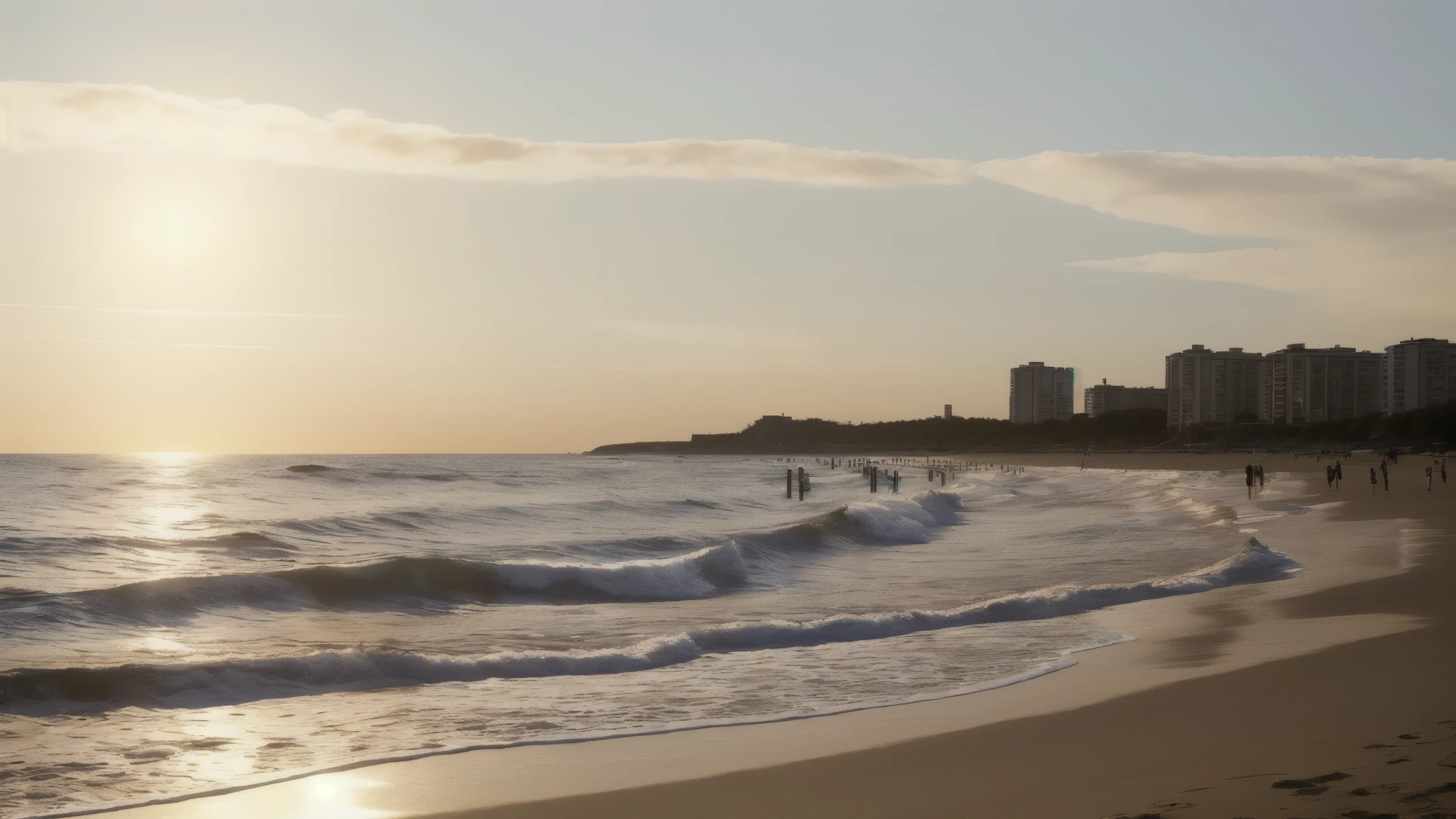 ((highest quality)), ((8k)), ((masterpiece: 1.3)), (Perfect appearance), (Photorealism: 1.6), (Sandy beach in the evening), (Long sandy beach), (The setting sun), (Calm sea), ((The sea sparkling in the setting sun)),