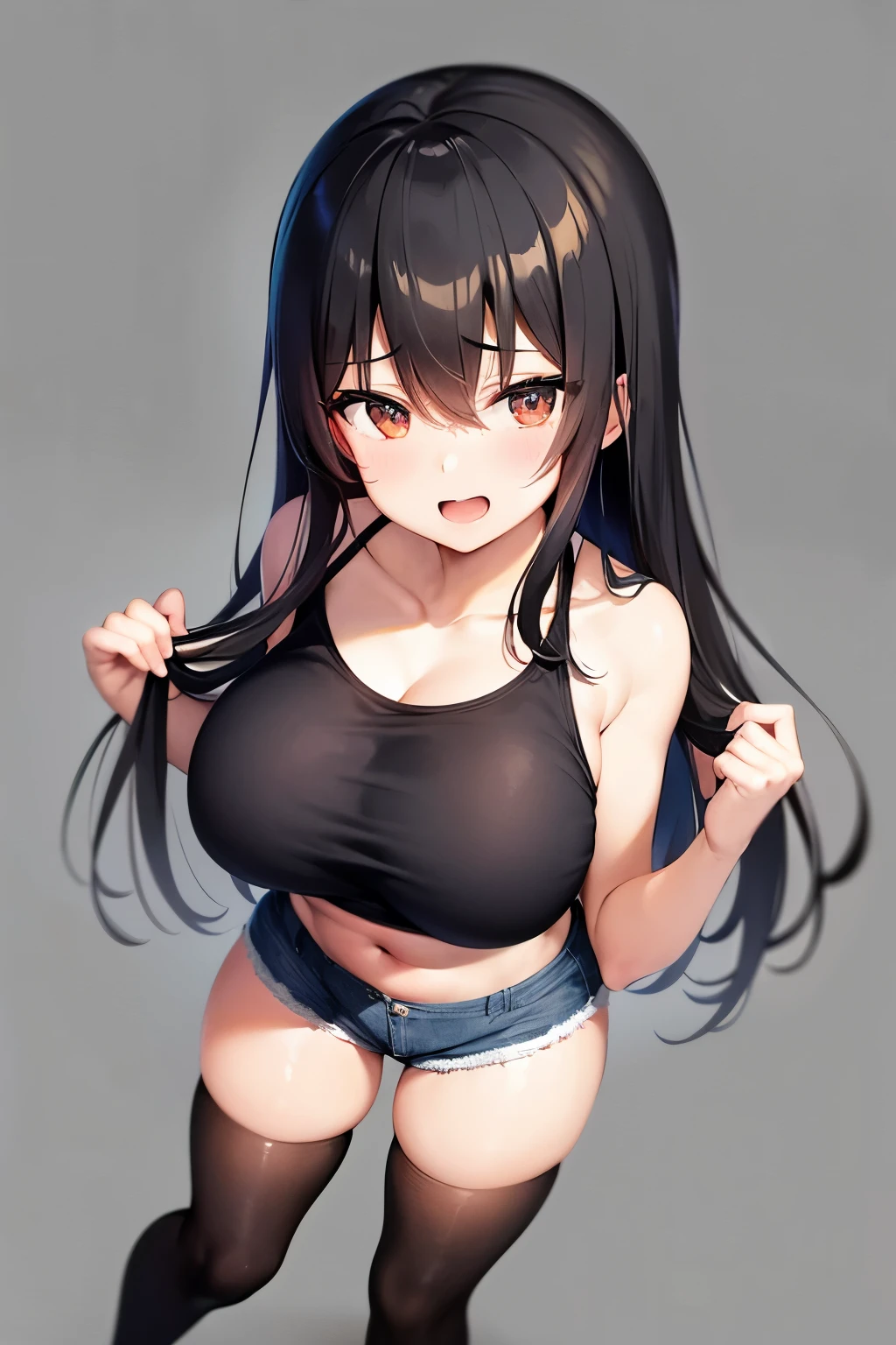 girls und panzer, nishi kinuyo, and dressed in denim shorts and a black tank top, 1girl, solo, navel, thighhighs, long hair, looking at viewer, nishi kinuyo, white background, smile, open mouth, midriff, bangs, blue shorts, asymmetrical bangs, simple background, black hair, white thighhighs, standing, black shirt, black eyes, girls und panzer, nishi kinuyo, full body, strong, fat, big breast
