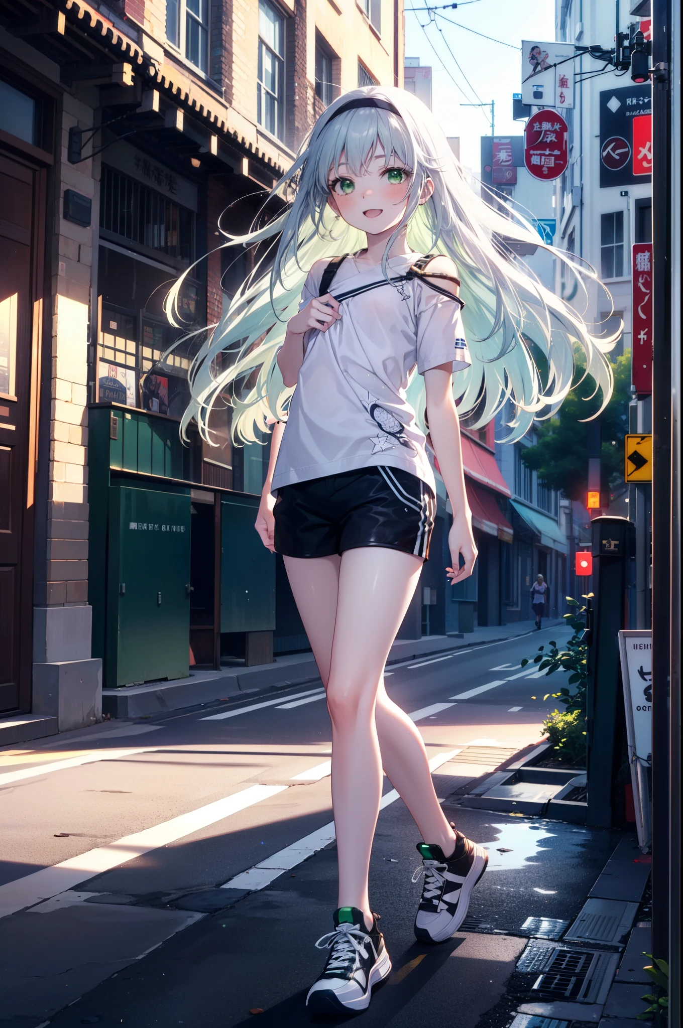 index, index, (Green Eyes:1.5), Silver Hair, Long Hair, (Flat Chest:1.2),happy smile, smile, Open your mouth,blush,hair band,Cordo shoulder top,Short sleeve,Shorts,Black tights,High-top sneakers,Daytime,Clear skies,whole bodyがイラストに入るように,Walking,
break looking at viewer, whole body,
break outdoors, In town,Building district,
break (masterpiece:1.2), highest quality, High resolution, unity 8k wallpaper, (figure:0.8), (Beautiful fine details:1.6), Highly detailed face, Perfect lighting, Highly detailed CG, (Perfect hands, Perfect Anatomy),