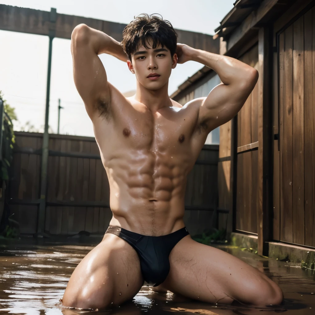 FULL BODY, SEE THROUGH THONG, BROWN THONG, MUD, MUD COVERING ALL OVER THE BODY, Showing off his very hairy armpits, Slim fit, very cute kids face, boy, baby face, young kids, Very young teenager boyazing dirty muddy Alley scenery, in the middle of mud, he only wear Tiny brown thong, crowded people, very hot sunny day, summer, dirty and wet Alley, he wore a very small dirty brown thong covering half of his big hard dick, dickprint, Sweat dripping all over the body, sweat covering all over the body, Full body photo, wearing Very tiny thong, Proudly showing off his sweaty very hairy armpits to audience, completely naked just wearing thin Tiny brown thong, very young boy, Cinematic soft lighting illuminates a stunningly detailed and ultra-realistic handsome korean male supermodel, ultra messy curly hair, clear honey eyes, captivating perfect smile, sensual, hot man, insanely handsome, showing off his sweaty body, very sixpack muscular body build, slender, toned, full body, 8k, photography, masterpiece, detailed face, detailed eyes, sexy, beautiful abdomen and beautiful legs and a detailed big hard bulge, expression of ecstasy, excited, slim, detailed eyes and lips, sixpack and fit body. Image quality is of the highest standard, with ultra-detailed features and a realistic appearance. The colors are bright and vibrant, enhancing the overall aesthetic. The lighting is soft and natural, casting a soft glow on the boy, don't merge body's