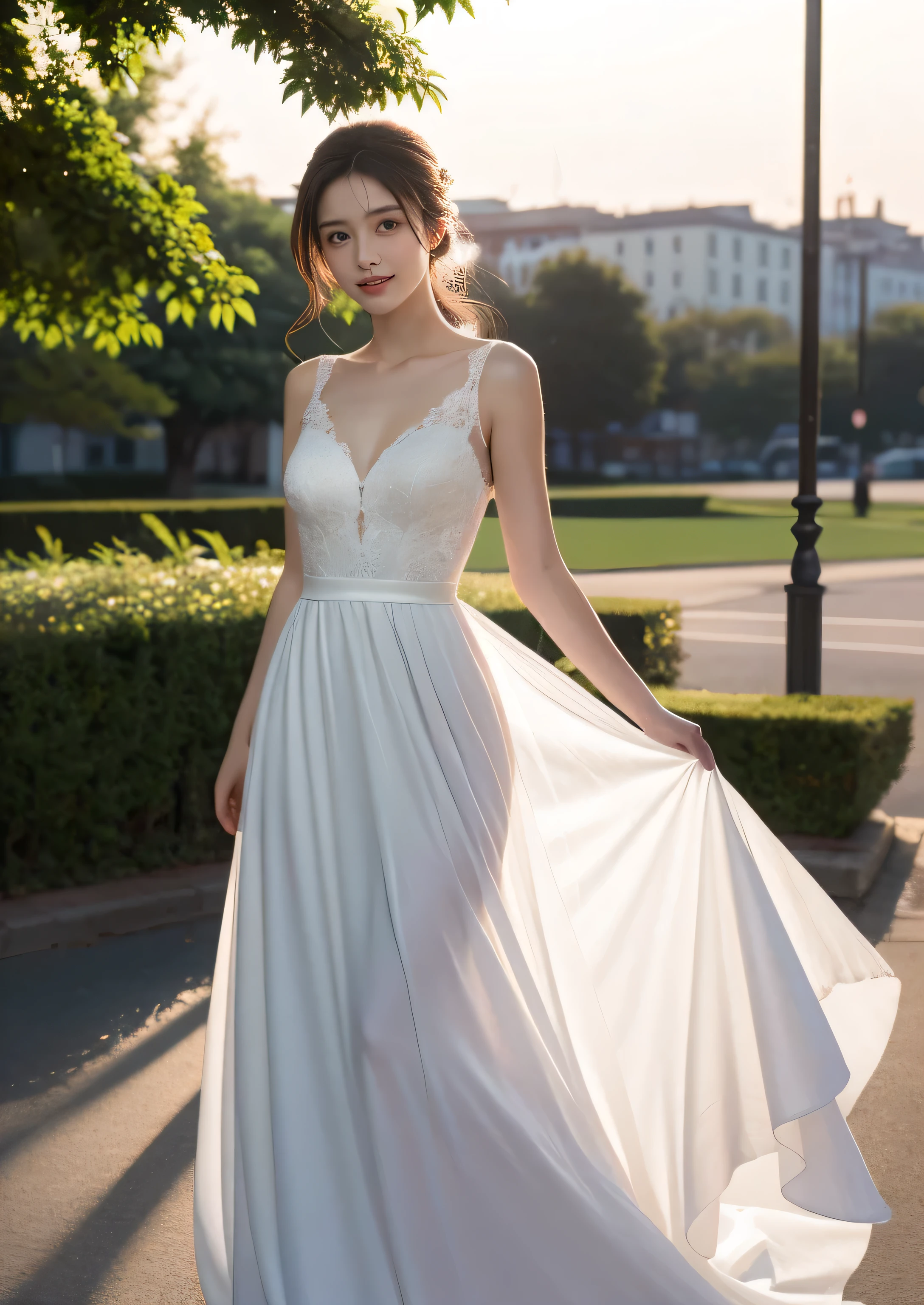 Beautiful 25 year old  skinny woman。She is wearing a wedding dress. She is smiling on illuminated by the evening church lights on the romantic sunset time.  her dark brown hair. High resolution、masterpiece、highest quality、頭w:1.0、((Hasselblad Photos))、fine skin、(movie lighting)、clavicle . full body picture.