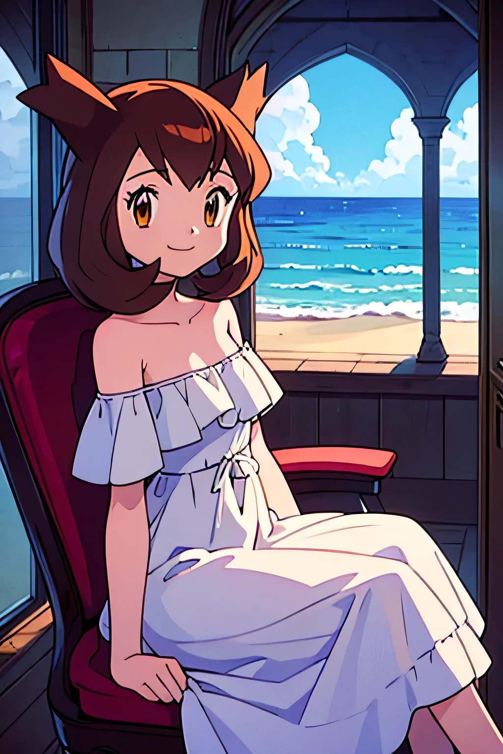 masterpiece, best quality, ultra-detailed, illustration, beautiful detailed eyes, very detailed illustration, cinematic lighting, 1 girl, solo, Pokemon Heroes (Bianca), Brown Hair, brown eyes, bare shoulders, strapless, off shoulders, white ruffle off the shoulder top, white maxi dress, intricate details, sharp focus, high resolution, sitting on the edge of the windowsill with a soft red chair, The windowsill has an arched top and is divided into panes, with one side partially open, revealing a view of ocean and the beach view. anime style, ultra-detailed, hdr, far at the bottom, in the center, Close up, light smile
