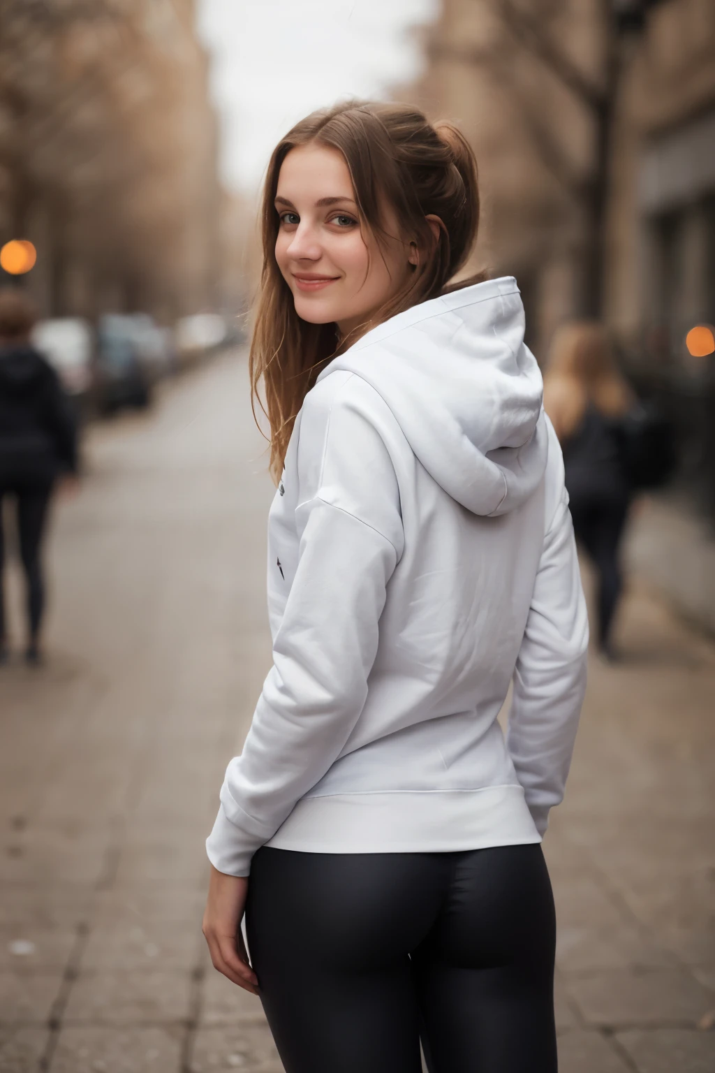 photo of a beautiful girl wearing casual shirt with a hoodie and leggings, city street, messy medium hair, slim body, view from back, medium upper body shot, looking at the camera, cute smile, shallow depth of field