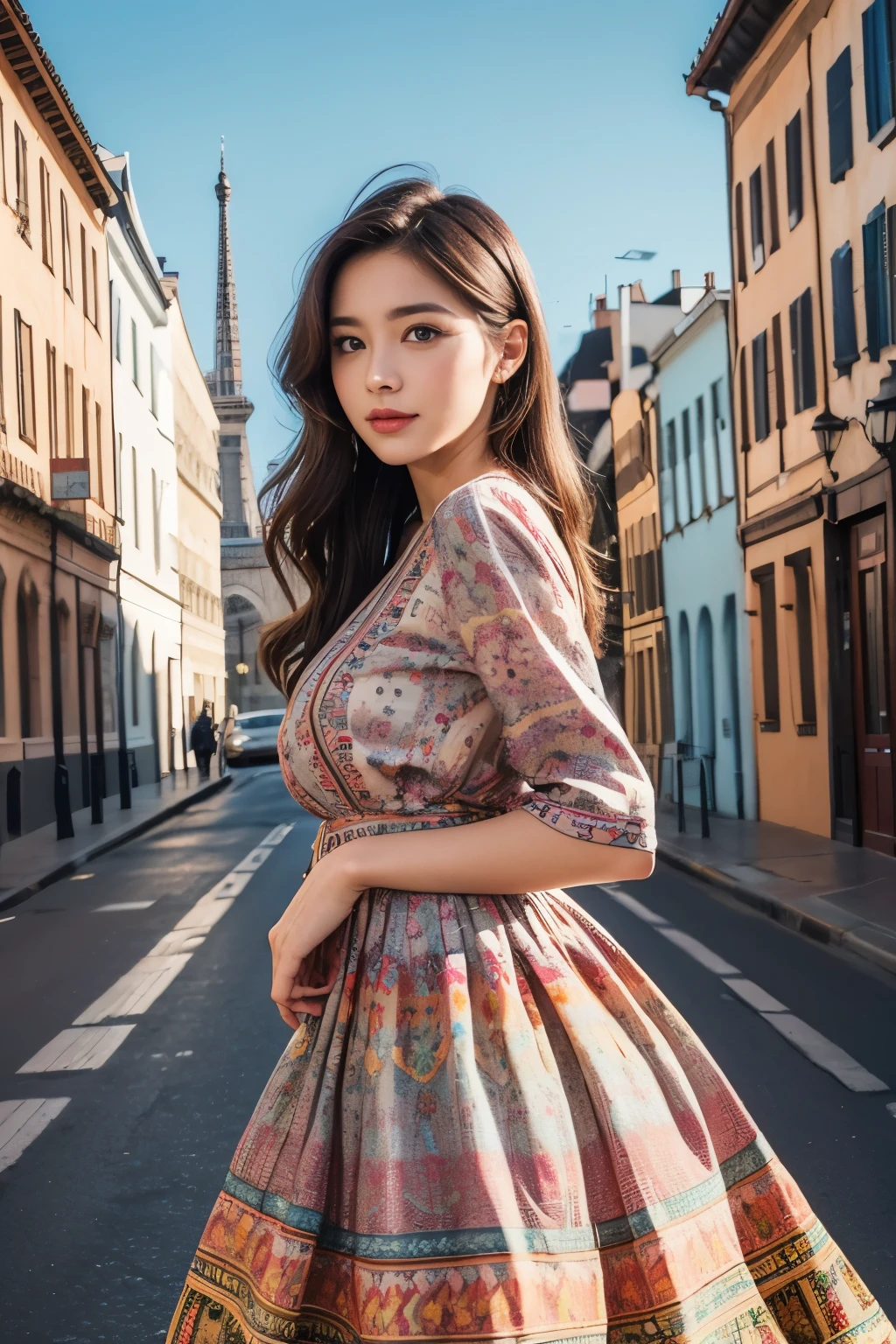 Beautiful woman wearing a European pattern dress among colorful buildings, magazine pose, (Highly detailed facial expressions),