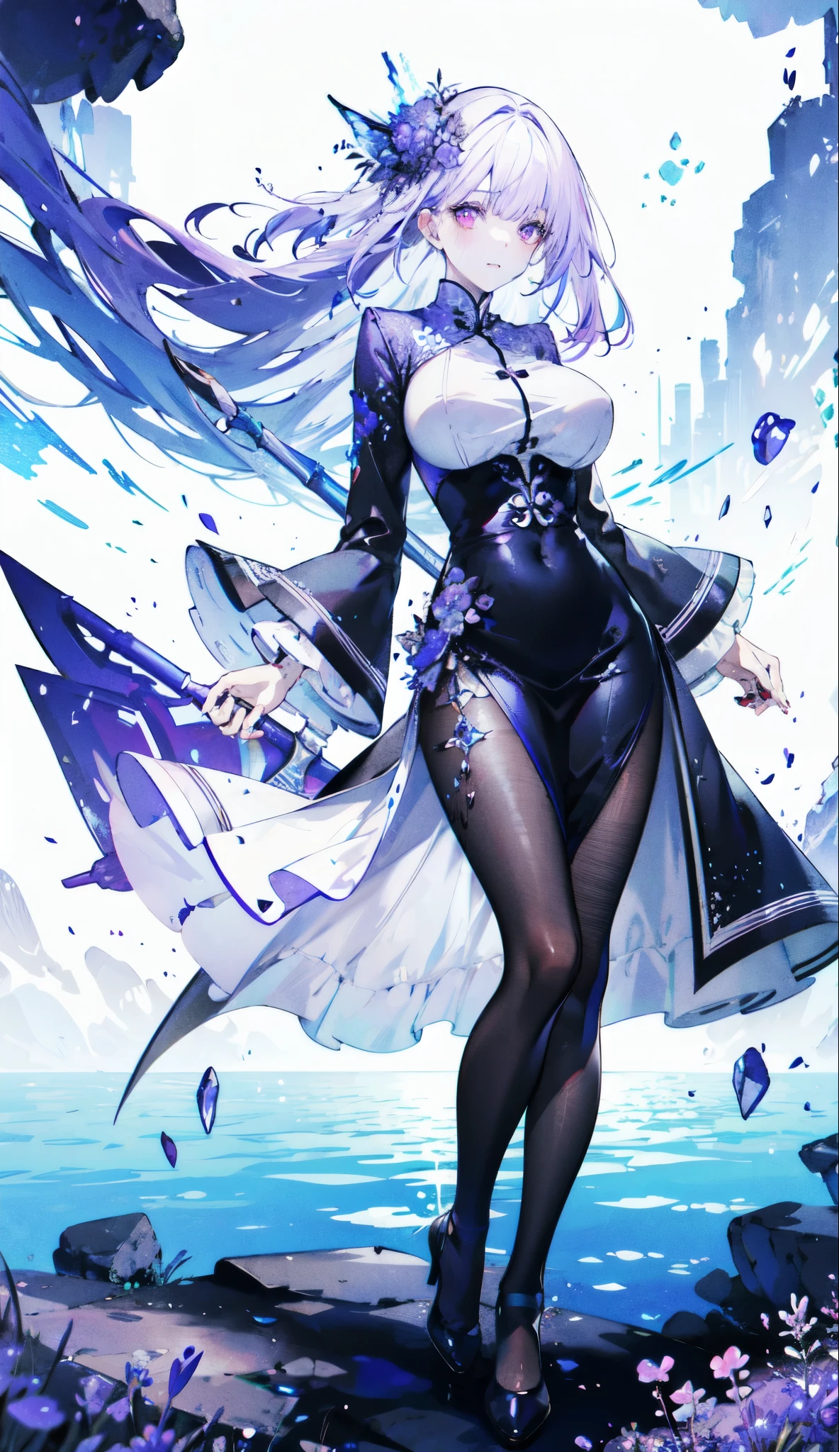 ((masterpiece:1.4,best quality)),(Super detailed),(Extremely detailed eyes),(Black leggings,Shiny socks:1.5),Hello Darkness
((Sexy Girl,Large Breasts,gully)),(Blood-red pupils,Diamond-shaped pupil:1.15),Purple Eyeshadow,(Elongated hair,Thick hair,shiny hair:1.5)(Variza:1.2),Fair skin,tilt head to one side,Kneel down
(She wears blue armor,Tight cheongsam,:1.5),Very long plush sleeves,White,White Cloud,Dream bubbles ,Ice and glitter effects
(Black long skirt:1.1),
(dawn:1.2),
(Intense black and white:1.16),(Depth of Field:1.4),,Intricate details,(Sky Castle,Standing on the lake,Purple flowers by the lake)