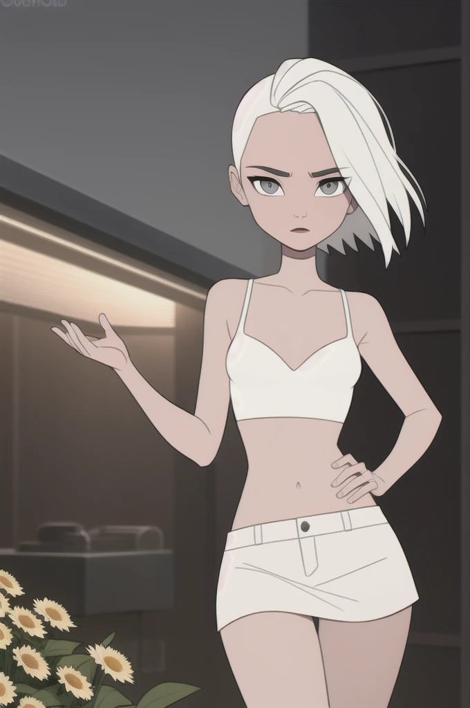 (dark theme:0.6), Glucose, 1 woman, mature and rough face, wrinkles on the face, Aging face, cheekbones на лице, cheekbones, old age Alone, короткие White hair, sexuality, black bra, Black bikini, figure top-models, sexy long legs, high growth, Height 1,75 m costs, naked body, Sun, wound, in the apartment, walks through the club, flowers 1.2), White hair, haircut-barbershop, Straight hair, pomade, decrease,  I look at the viewer, grey eyes, sharp image, crop top, (HDR:1.22), Clear drawing, muted colors, Complex background, hyper-detailed, art [[Jordan Grimmer]], 