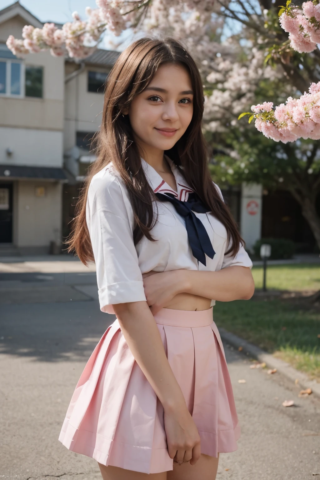 A cute anime girl with long, flowing hair in pastel colors, perhaps pink or blue. She is wearing a school uniform with a pleated skirt and a sailor collar, which is typical in many anime series. She has large, expressive eyes that convey a sense of innocence and cheerfulness, and she's smiling brightly. The background could be a sunny day with cherry blossoms gently falling around her, adding to the overall cheerful and vibrant atmosphere.