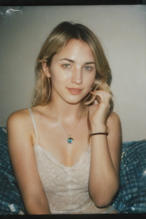 25 year old girl, (Kaley Cuoco:0.8), (Camilla Belle:0.9), (eugenie bouchard), seductive smirk, hoop earrings, a wire thin necklace, wire thin bracelets, in dorm room,wind blown hair,polaroid 600 instant camera,voyeur photography