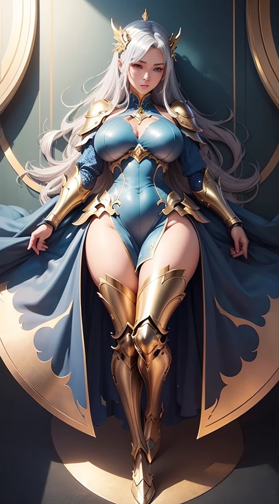 a close up of a sexy babe in a silver and gold blue dress, flying, full body, chengwei pan on artstation, stunning character art, fanart best artstation, epic exquisite character art, beautiful armor, extremely detailed artgerm, detailed digital anime art, armor girl thigh showing and breast armor and a bit private part show anime r34 barely clothing