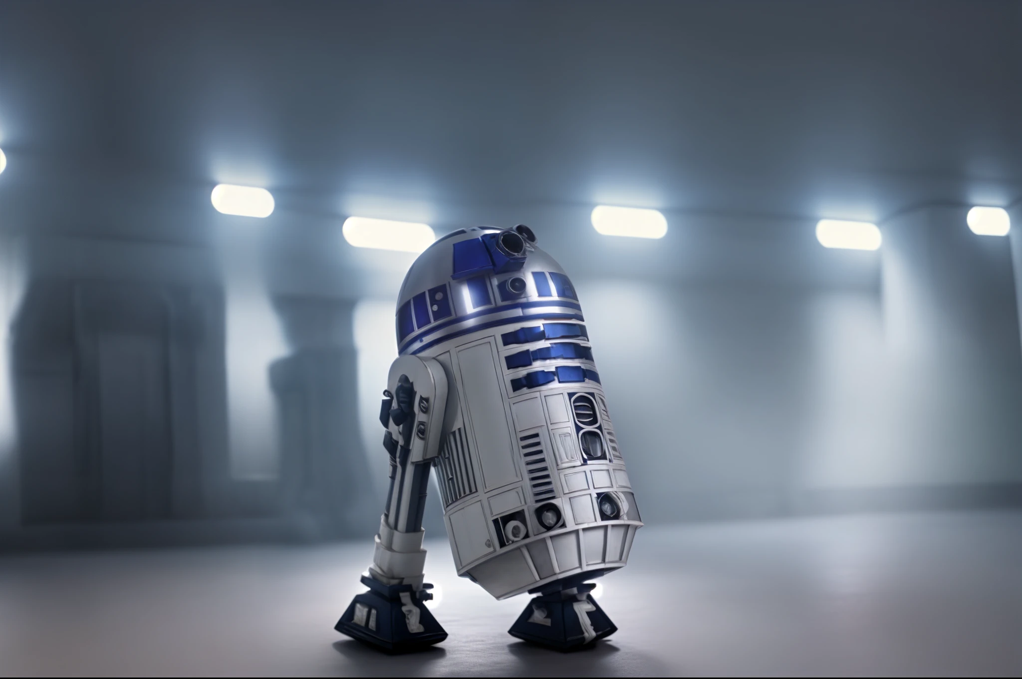 grupo de R2-D2 Wallpaper inside an inpolvorial sci-fi corridor, 4k, high resolution, volumetric lighting, beautiful lighting, polvo, destello de lente, suciedad e imperfecciones