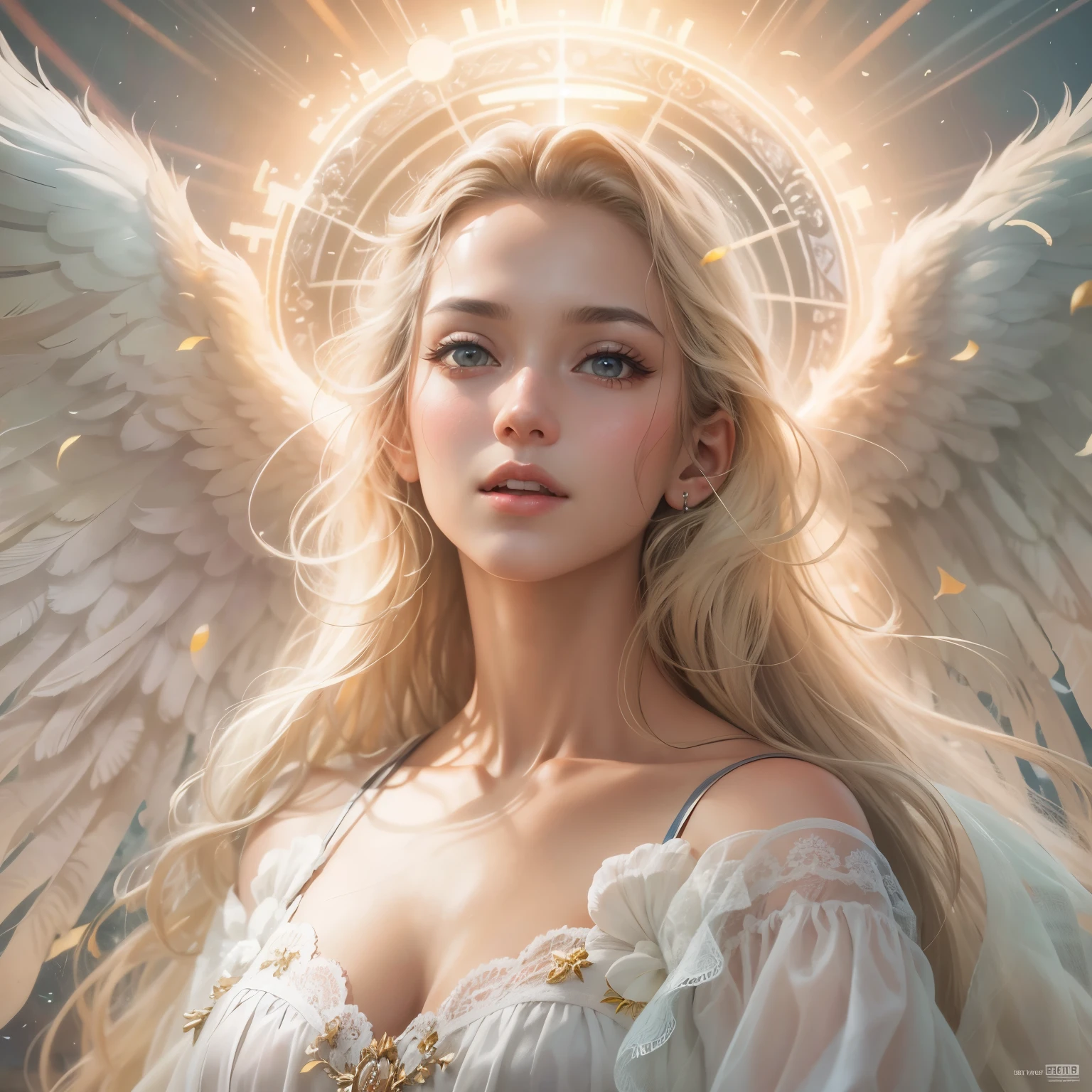 masterpiece, top quality, 8K, real person, realistic, very dense CG, shiny skin, fully focused, heaven, divine glory, radiant, angel, blessing, happiness,