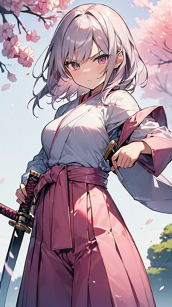 (Masterpiece, Top quality: 1.5) , (holding a katana sword:1.3), dynamic pose, 1 beautiful girl, solo, silver hair, (pink hakama :1.3), Off the shoulder, medium hair, wave hair, (junior high school student:1.2), medium breasts, standard weight, (angry), Beautiful scene of cherry blossom trees, magnificent panorama view, SakuraFubuki:1.2