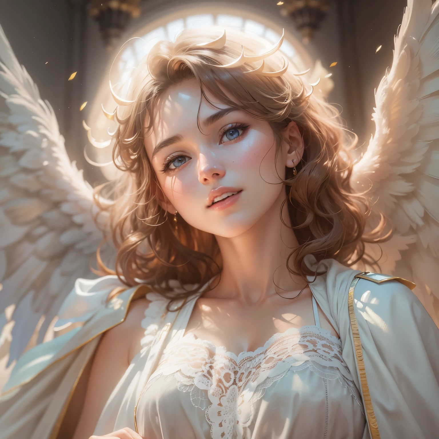masterpiece, top quality, 8K, real person, realistic, very dense CG, shiny skin, fully focused, heaven, divine glory, radiant, angel, blessing, happiness,