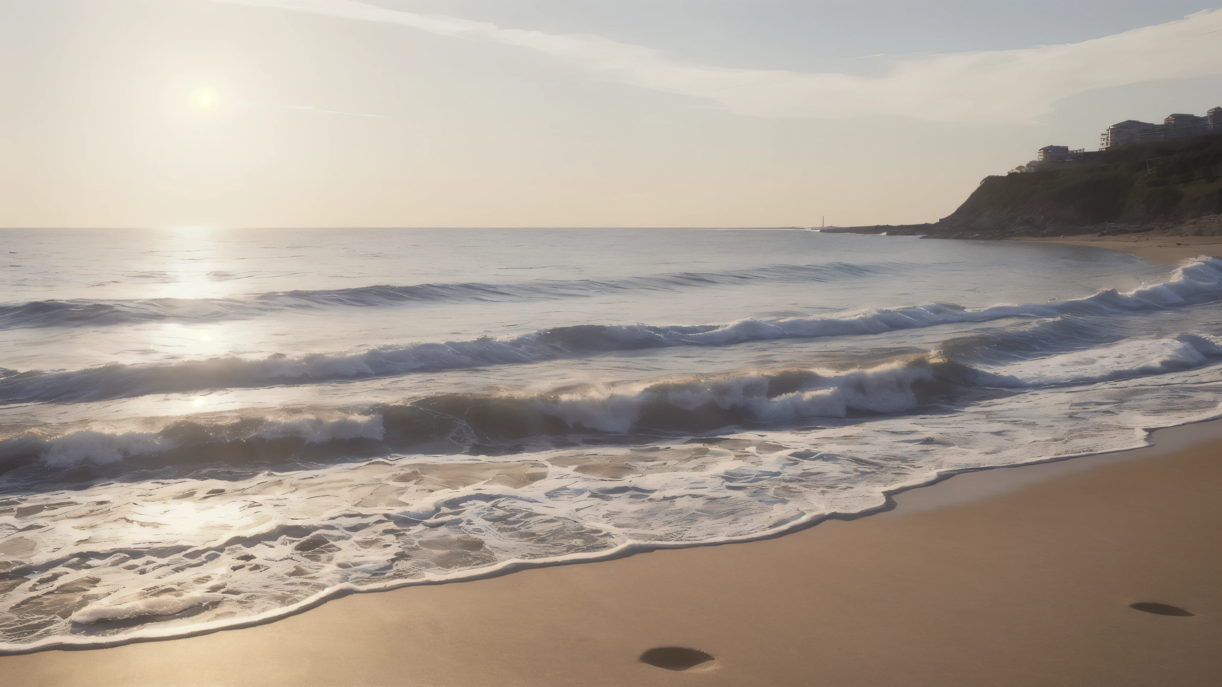 ((highest quality)), ((8k)), ((masterpiece: 1.3)), (Perfect appearance), (Photorealism: 1.6), (Sandy beach in the evening), (Long sandy beach: 1.4), (An empty sandy beach), (The setting sun), (Calm sea), ((The sea sparkling in the setting sun)),
