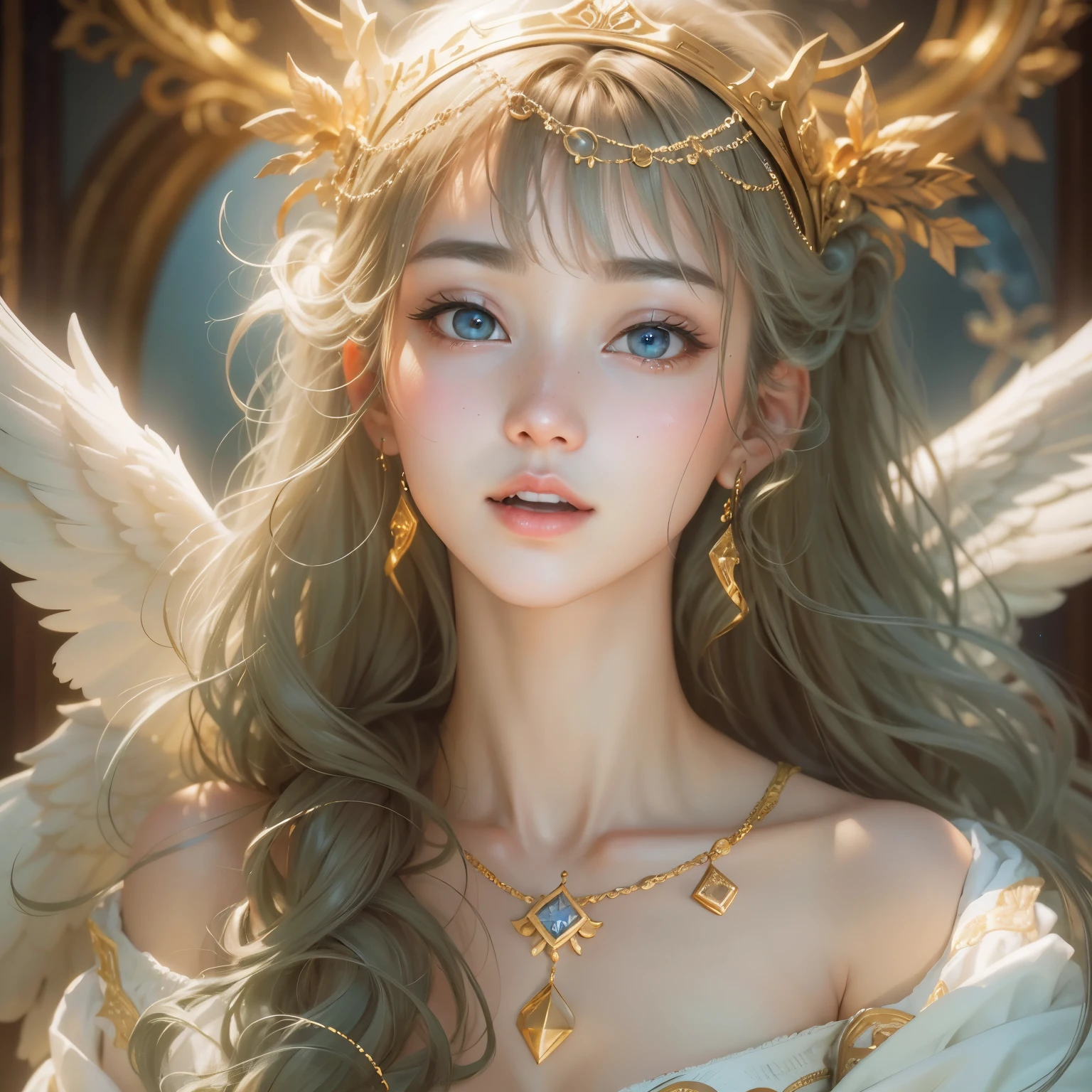 masterpiece、top-quality、in 8K、realperson、lifelike、Highly detailed CG、shinny skin、Fully Focused、celestial realm、The Glory of God、shine、angelicales、blessings、Happiness