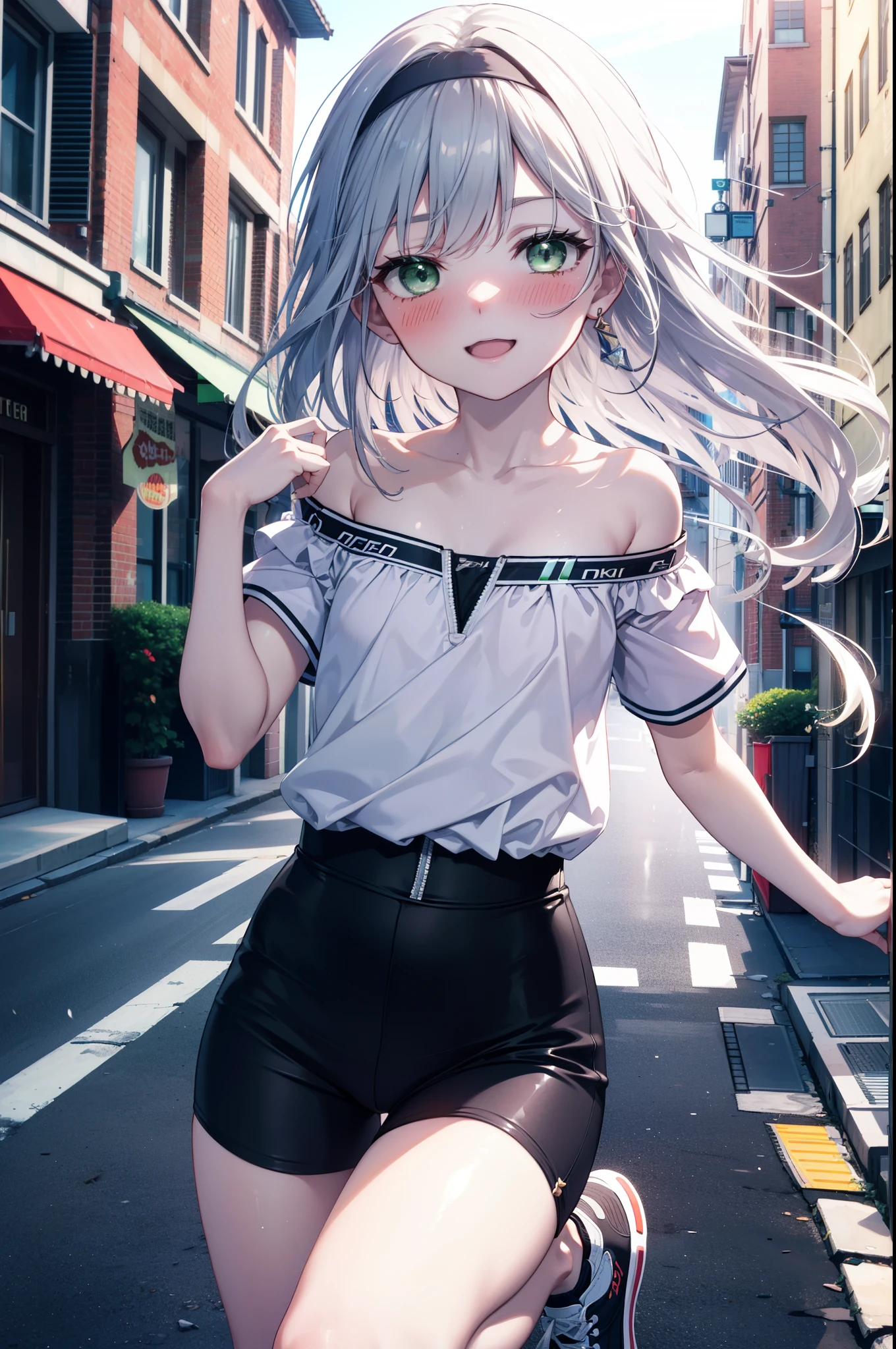 index, index, (Green Eyes:1.5), Silver Hair, Long Hair, (Flat Chest:1.2),happy smile, smile, Open your mouth,blush,hair band,Cordo shoulder top,Short sleeve,Shorts,Black tights,High-top sneakers,Daytime,Clear skies,whole bodyがイラストに入るように,Walking,
break looking at viewer, whole body,
break outdoors, In town,Building district,
break (masterpiece:1.2), highest quality, High resolution, unity 8k wallpaper, (figure:0.8), (Beautiful fine details:1.6), Highly detailed face, Perfect lighting, Highly detailed CG, (Perfect hands, Perfect Anatomy),