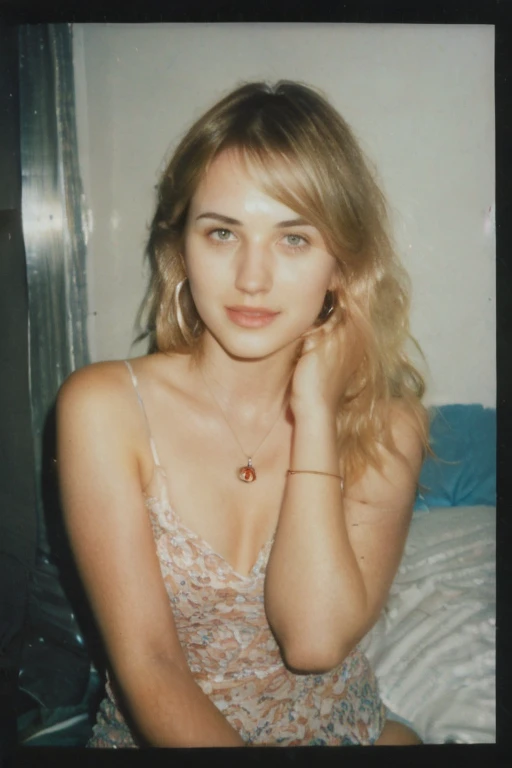 25 year old girl, (Kaley Cuoco:0.8), (Camilla Belle:0.9), (eugenie bouchard), beauty, beautiful girl, seductive smirk, hoop earrings, a wire thin necklace, wire thin bracelets, in dorm room,wind blown hair,polaroid 600 instant camera,voyeur photography