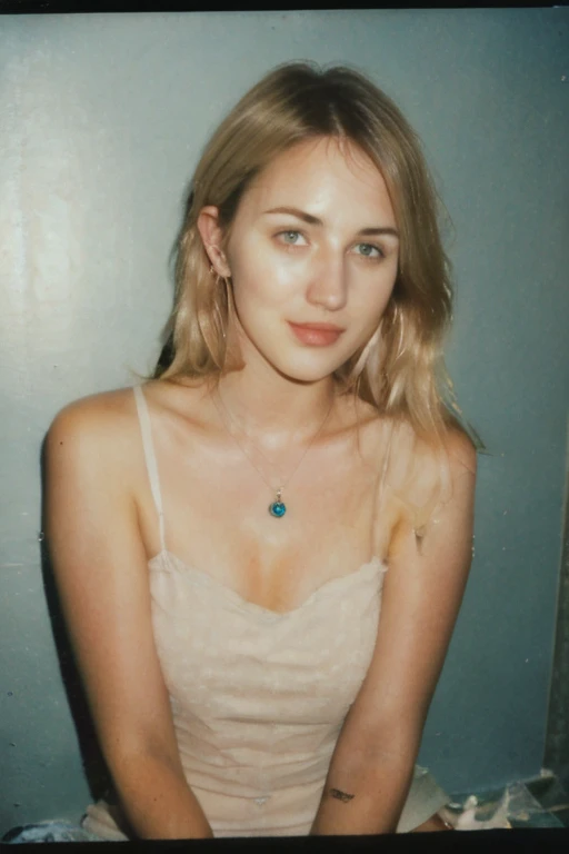  25 year old girl, (Kaley Cuoco:0.8), (Camilla Belle:0.9), (eugenie bouchard), beauty, beautiful girl, seductive smirk, hoop earrings, a wire thin necklace, wire thin bracelets, in dorm room,wind blown hair,polaroid 600 instant camera,voyeur photography