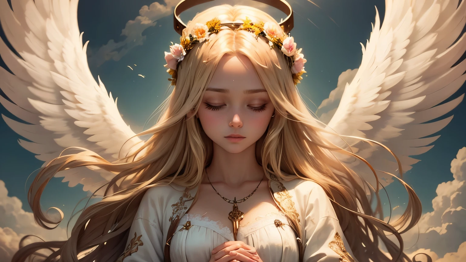 angel with long blonde hair using a flower crown and clothes adorned with precious jewels praying in the heaven above the clouds