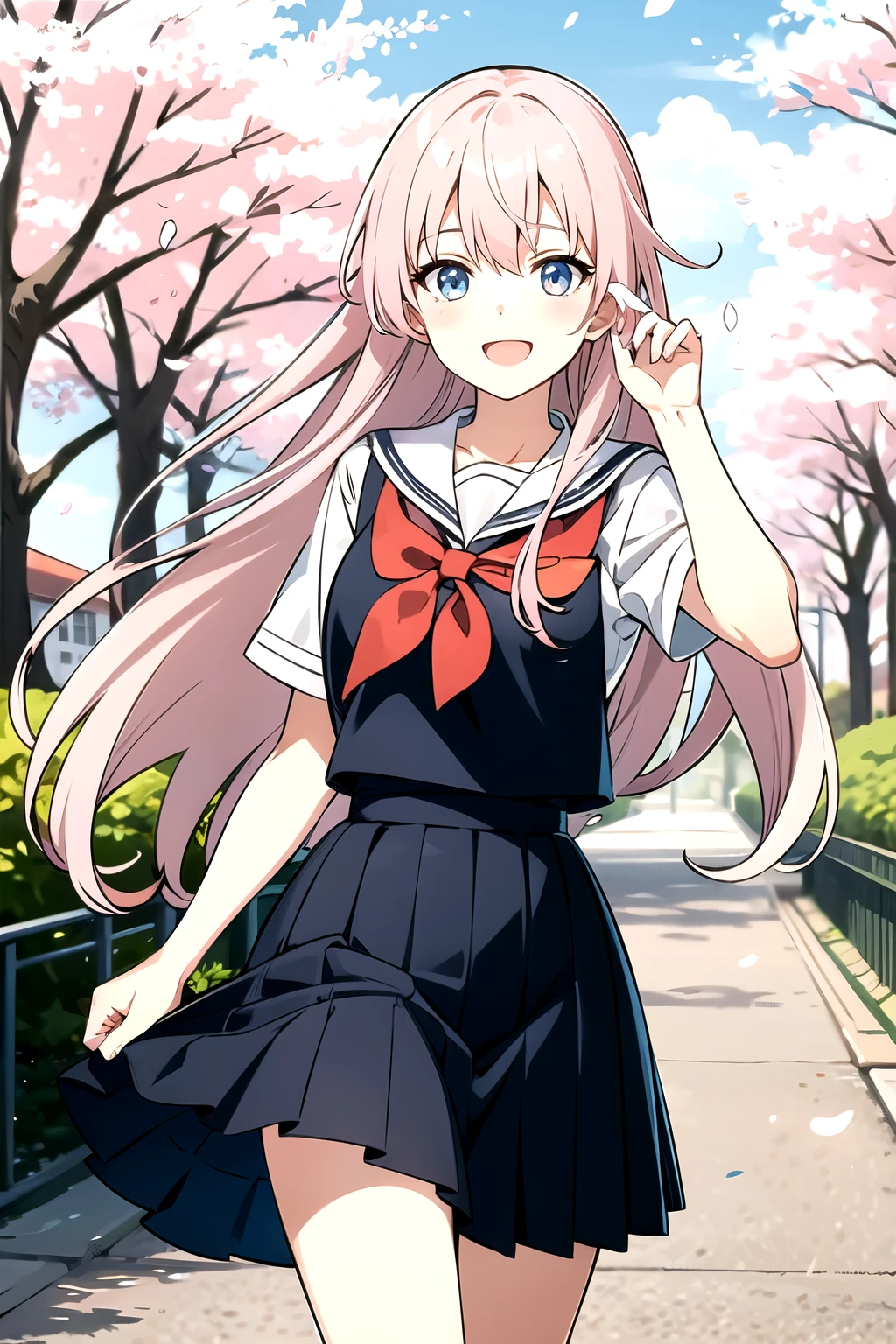 A cute anime girl with long, flowing hair in pastel colors, perhaps pink or blue. She is wearing a school uniform with a pleated skirt and a sailor collar, which is typical in many anime series. She has large, expressive eyes that convey a sense of innocence and cheerfulness, and she's smiling brightly. The background could be a sunny day with cherry blossoms gently falling around her, adding to the overall cheerful and vibrant atmosphere.