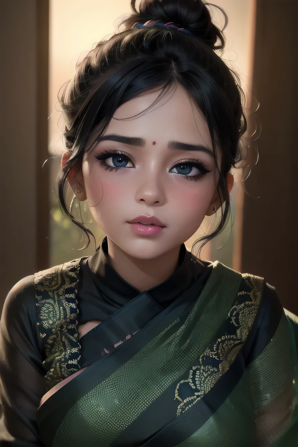 (best quality, highres, ultra-detailed), beautiful detailed eyes, perfect lips, sexy, amazing portrait, messy bun, black hair, amazing makeup, intense blush, flustered, lustful, black blouse, sheer dark green saree, hot, vibrant colors, soft lighting