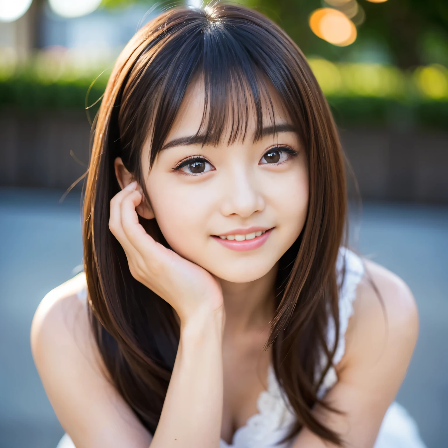 ((Best-quality, Masterpiece, Ultra-High-Resolution, (Photorealistic:1.4), Raw Photo, depth of field, professional lighting, perfect anatomy, extremely details, perfect face, perfect hair)), 1girl, 12-years-old, the most famous Japanese idol, having a lot of fun at wedding party, (wearing evening gown with cute-design), (extremely cute face like the most popular Japanese idol, ((extremely cute and extremely big eyes)), extremely cute hair, extremely beautiful skins, extremely cute long-eyelashes, extremely cute lips), looking at viewer, innocent smile, dynamic pose