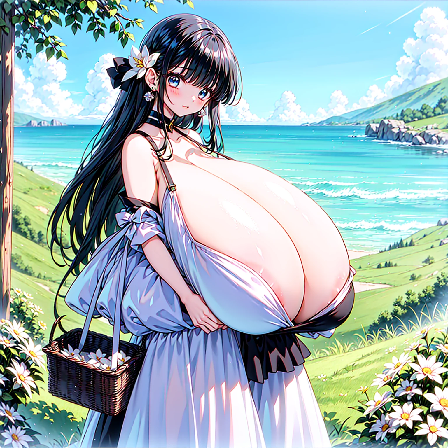 an anime style painting of a woman with very large breasts holding baskets, 1girl, breasts, solo, flower, black hair, underwear, blue eyes, outdoors, hair ornament, long hair, bra, looking at viewer, huge breasts, gigantic breasts, bangs, cleavage, jewelry, shiny, earrings,see-through dress