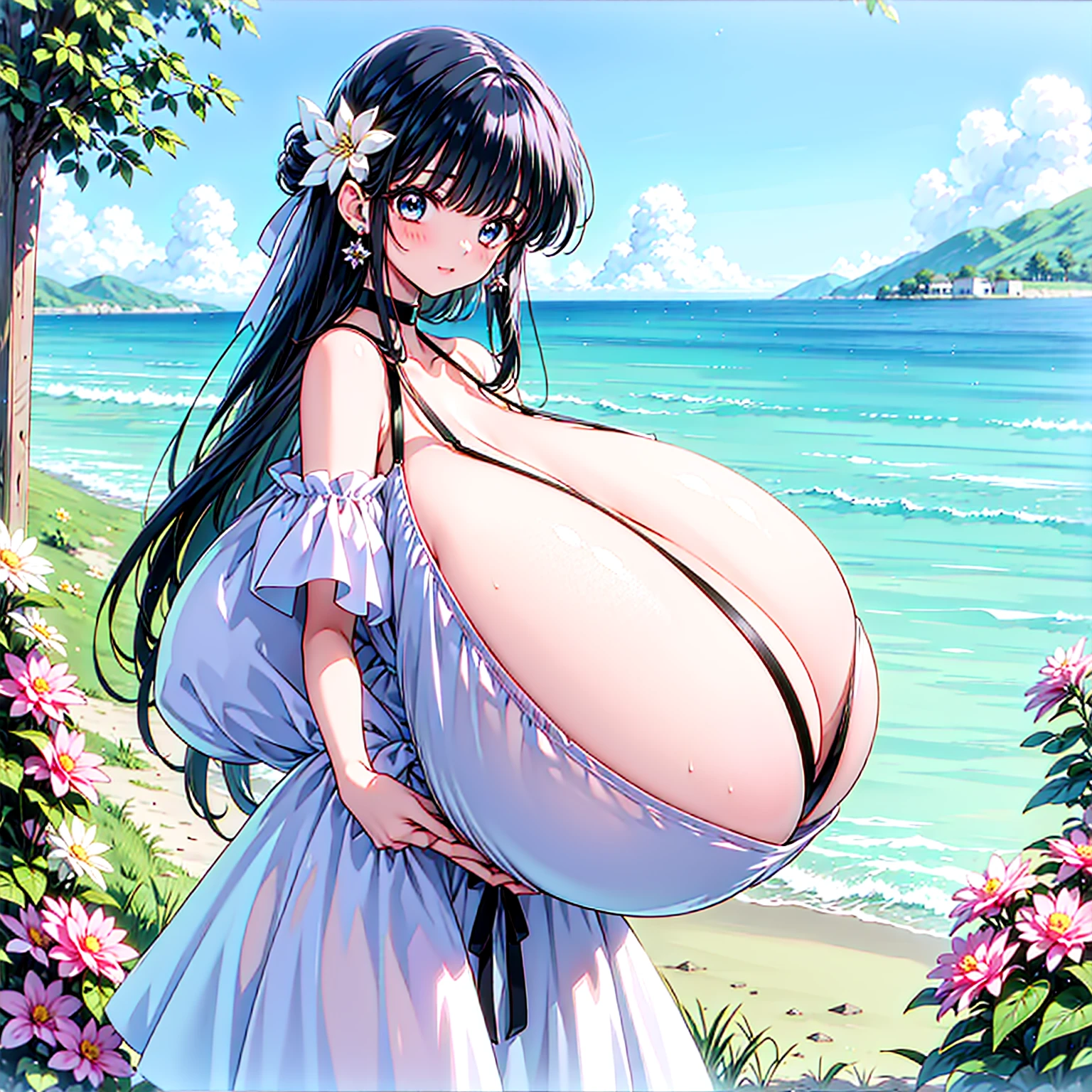 an anime style painting of a woman with very large breasts holding baskets, 1girl, breasts, solo, flower, black hair, underwear, blue eyes, outdoors, hair ornament, long hair, bra, looking at viewer, huge breasts, gigantic breasts, bangs, cleavage, jewelry, shiny, earrings,see-through dress