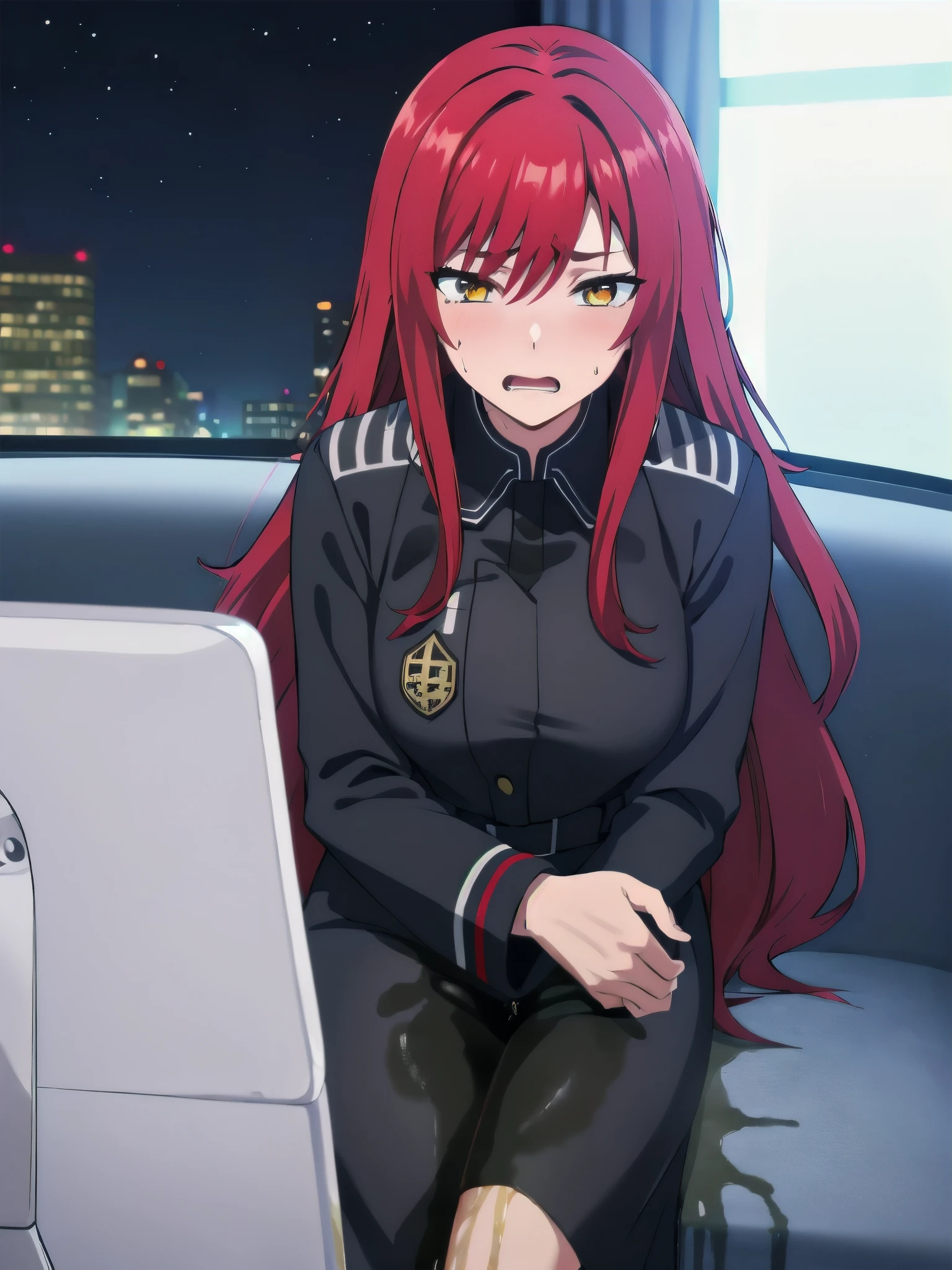 (masterpiece:1.37), woman, mature, extremely detailed eyes and face, long straight hair, (red hair:1.5), yellow eyes, constellation-print (black military uniform:1.25), (long dress:1.25), standing, large breasts, futuristic, science fiction, hologram armband, unicursal hexagram, best quality, 8k, highres, ultra-detailed, studio lighting, ultra-fine painting, sharp focus, physically-based rendering, extreme detail description, professional, vivid colors, bokeh, extreme attention to detail, tsurime, (crossing arms:1.5), (wetting herself:1.5)