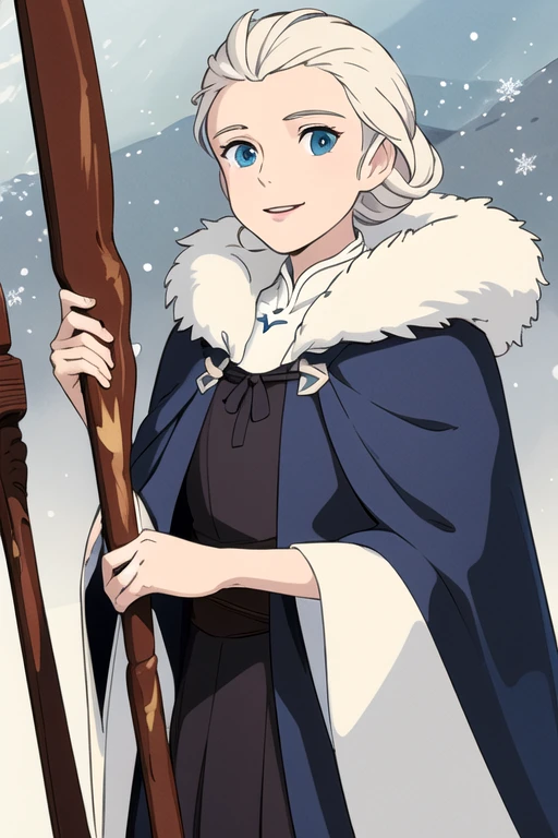 (masterpiece:1.4), (best quality:1.4), (high resolution:1.4). Q version style. Dark Cloak, Dark dress, Elsa of Arendelle, Fur trim, single_Weaving, snowflake_pattern, Smile, snow,