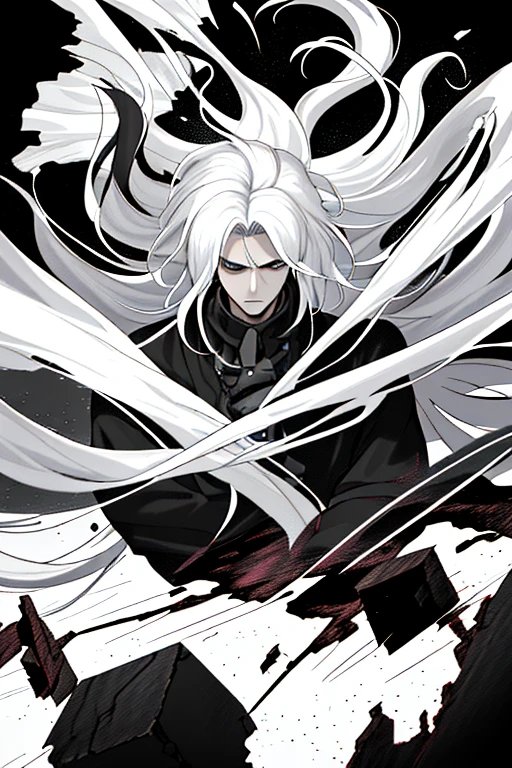 Boy, with long hair, with white hair, black and white, destruction, 4K quality.