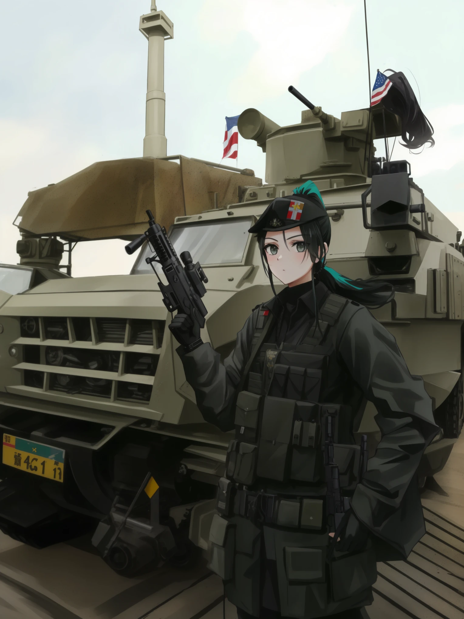 (ponytail forehead hair pulled back:1.3), araffe with a gun and a rifle standing in front of a military vehicle, military police, mechanized soldier girl, militaristic!!!, military girl, infantry girl, army, perfect military composure, mechanized police infantry, inspired by Oka Yasutomo, fully armoured, serena malyon, with rifle, military gear, miltary, soldier girl