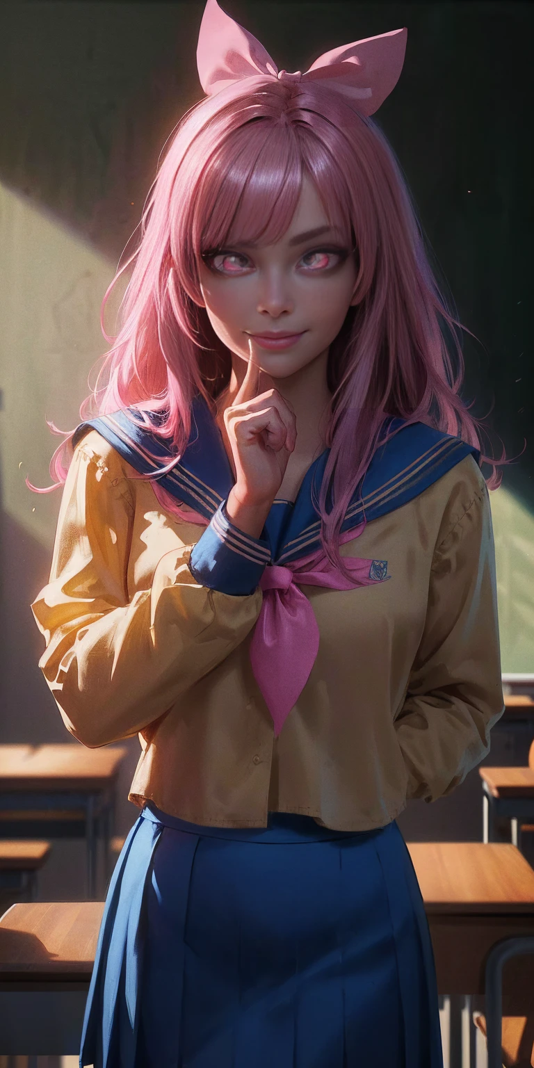 uruseiyatsuraran, ran, long hair, bangs, pink hair, hair bow, red bow (pink eyes:1.5), smile, shirt, long sleeves, school uniform, sailor collar, neckerchief, yellow neckerchief, shirt, blue shirt, blue sailor collar (blue skirt:1.5), indoors classroom, looking at viewer (cowboy shot:1.5) (masterpiece:1.2) best quality, high resolution, unity 8k wallpaper (illustration:0.8) (beautiful detailed eyes:1.6) extremely detailed face, perfect lighting, extremely detailed CG (perfect hands, perfect anatomy)