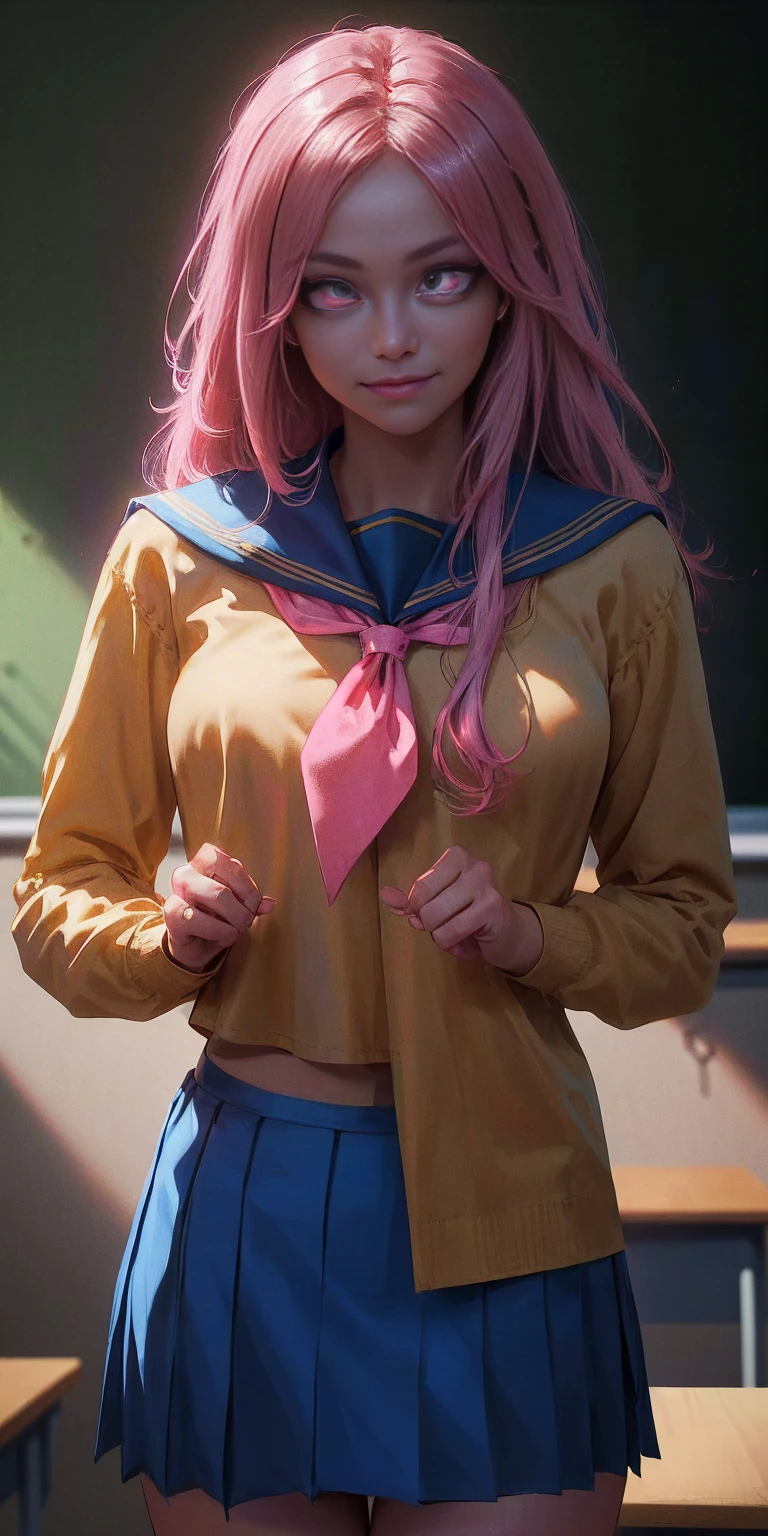 uruseiyatsuraran, ran, long hair, bangs, pink hair, hair bow, red bow (pink eyes:1.5), smile, shirt, long sleeves, school uniform, sailor collar, neckerchief, yellow neckerchief, shirt, blue shirt, blue sailor collar (blue skirt:1.5), indoors classroom, looking at viewer (cowboy shot:1.5) (masterpiece:1.2) best quality, high resolution, unity 8k wallpaper (illustration:0.8) (beautiful detailed eyes:1.6) extremely detailed face, perfect lighting, extremely detailed CG (perfect hands, perfect anatomy)