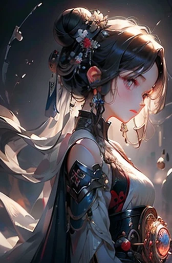 tmasterpiece,high resolution,((Magic Orb)),dynamic portrait the beautiful and delicate aristocratic maiden,the dark brown hair in a sophisticated bun, gorgeous gray-blue eyes giving a sidelong glance, a mysterious look, a faint smile, pale skin, bare arms, cybernetic hanfu, techno-punk