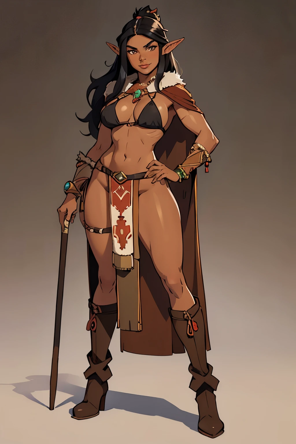 higres, stable diffusion 3, 1girl, solo, most beautiful girl oft the world, solo, native girl, medium breasts, medium black hair, ponytail, dark skin, golden eyes, mischievous smile, teeth, sharp teeth, mischievous look, hip bones, native warrior , topless, bodypaint, tribal bodypaint, bodypaint on breast, loincloth, leather sandals, aztec, aztec girl, , standing, legs apart, full body, loincloth pull, partially visible pussy, excessive female pubic hair, white background, simple background, Genshin impact style