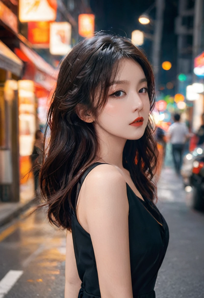 A girl with long, wavy orange hair, she is very pretty and is wearing a short black dress, she is using her cell phone, She is in the middle of the street at night.